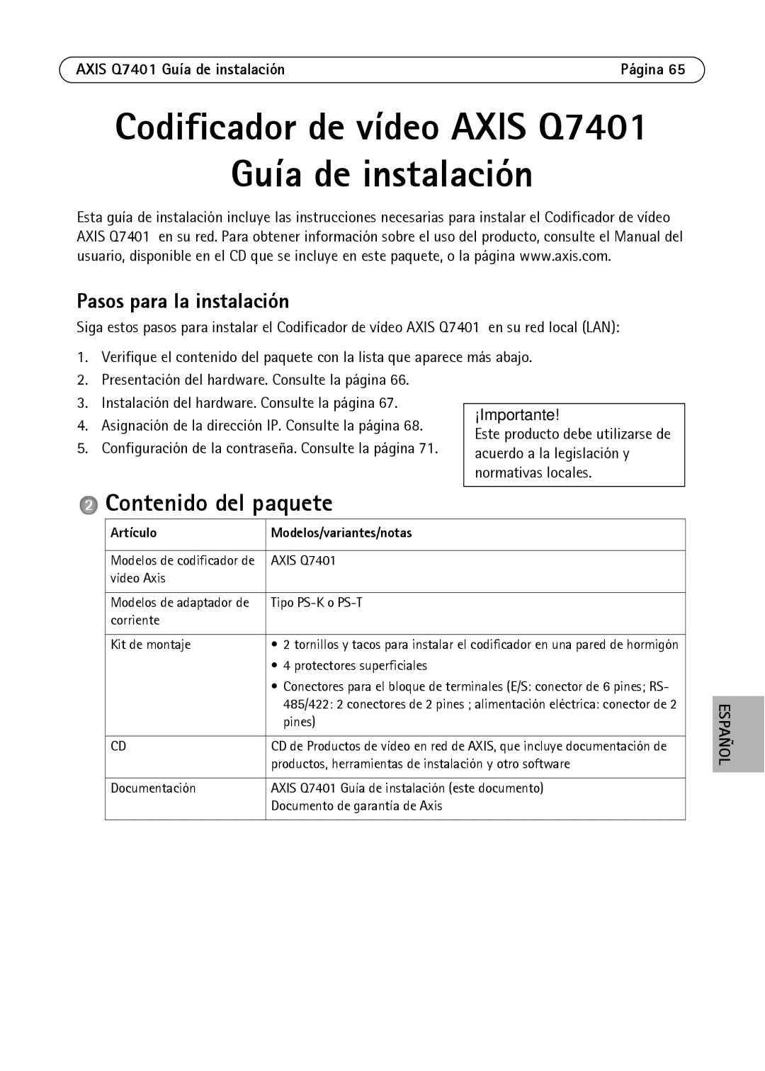 Axis Communications AXIS Q7401 manual Contenido del paquete, Pasos para la instalación, Artículo Modelos/variantes/notas 