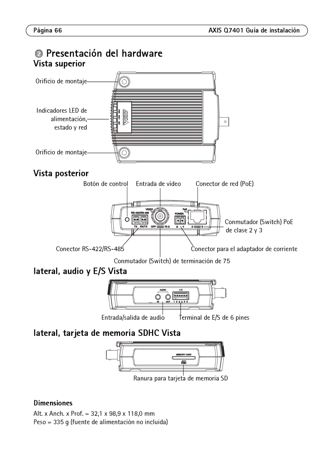 Axis Communications AXIS Q7401 Presentación del hardware, Vista superior, Vista posterior, Lateral, audio y E/S Vista 