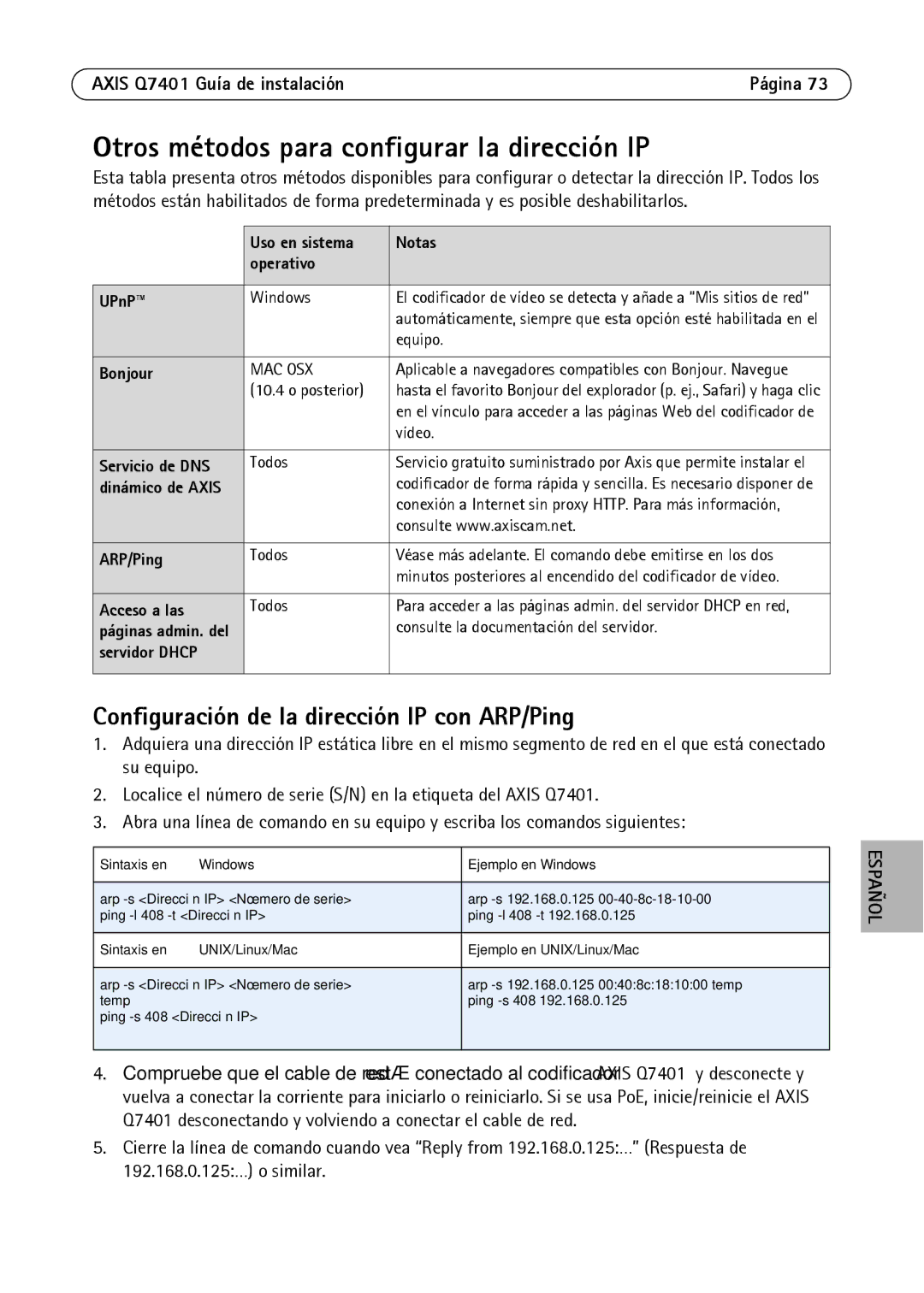 Axis Communications AXIS Q7401 manual Otros métodos para configurar la dirección IP 