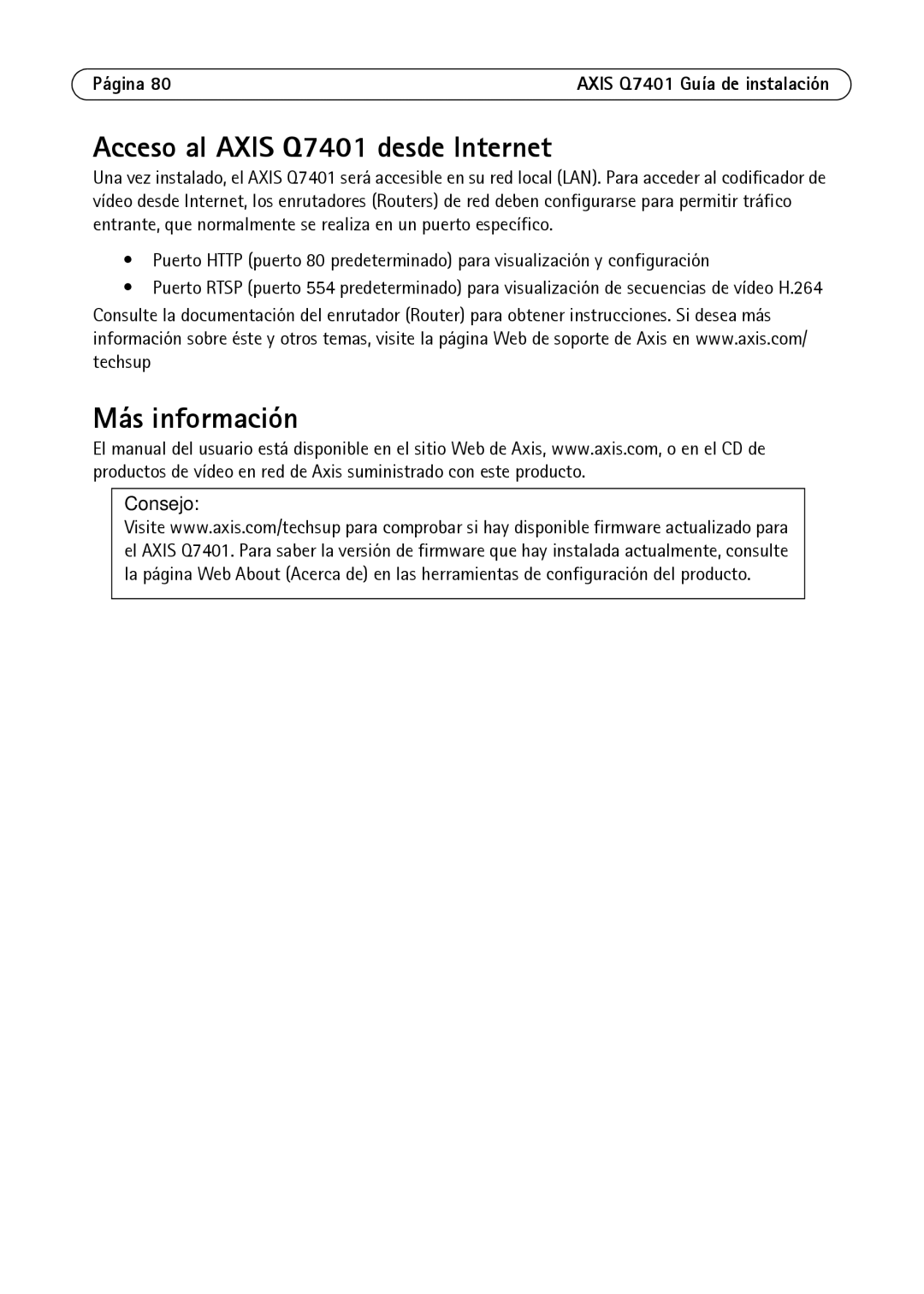 Axis Communications AXIS Q7401 manual Acceso al Axis Q7401 desde Internet, Más información 