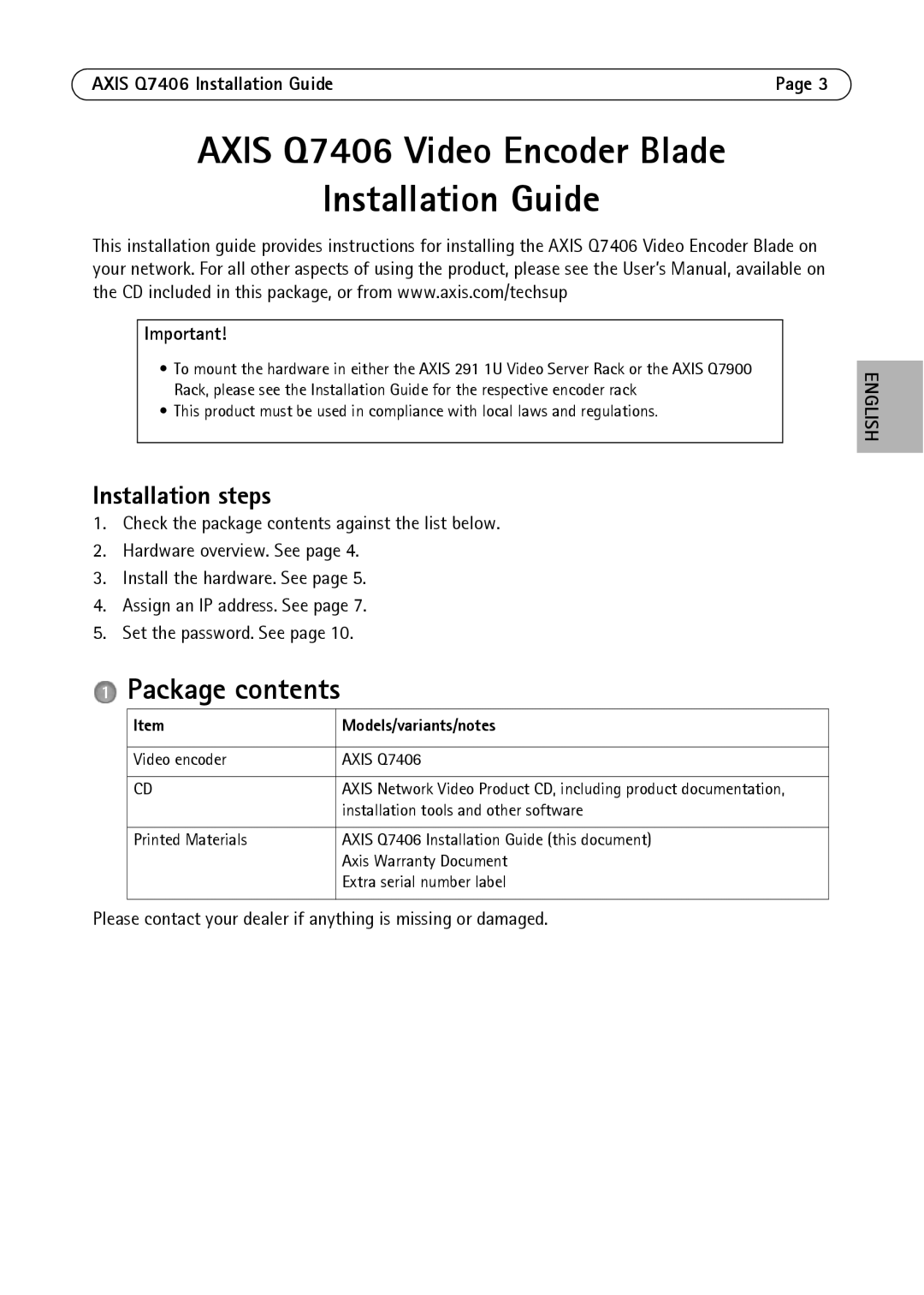 Axis Communications AXIS Q7406 manual Axis Q7406 Video Encoder Blade Installation Guide, Package contents 