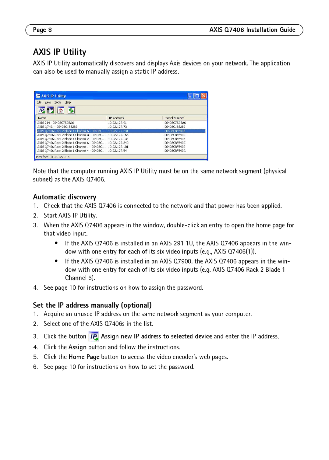 Axis Communications AXIS Q7406 Axis IP Utility, Automatic discovery, Set the IP address manually optional 