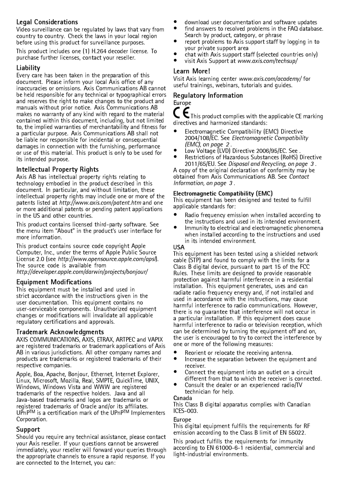 Axis Communications AXIS Q7436 Legal Considerations, Liability, Intellectual Property Rights, Equipment Modifications 