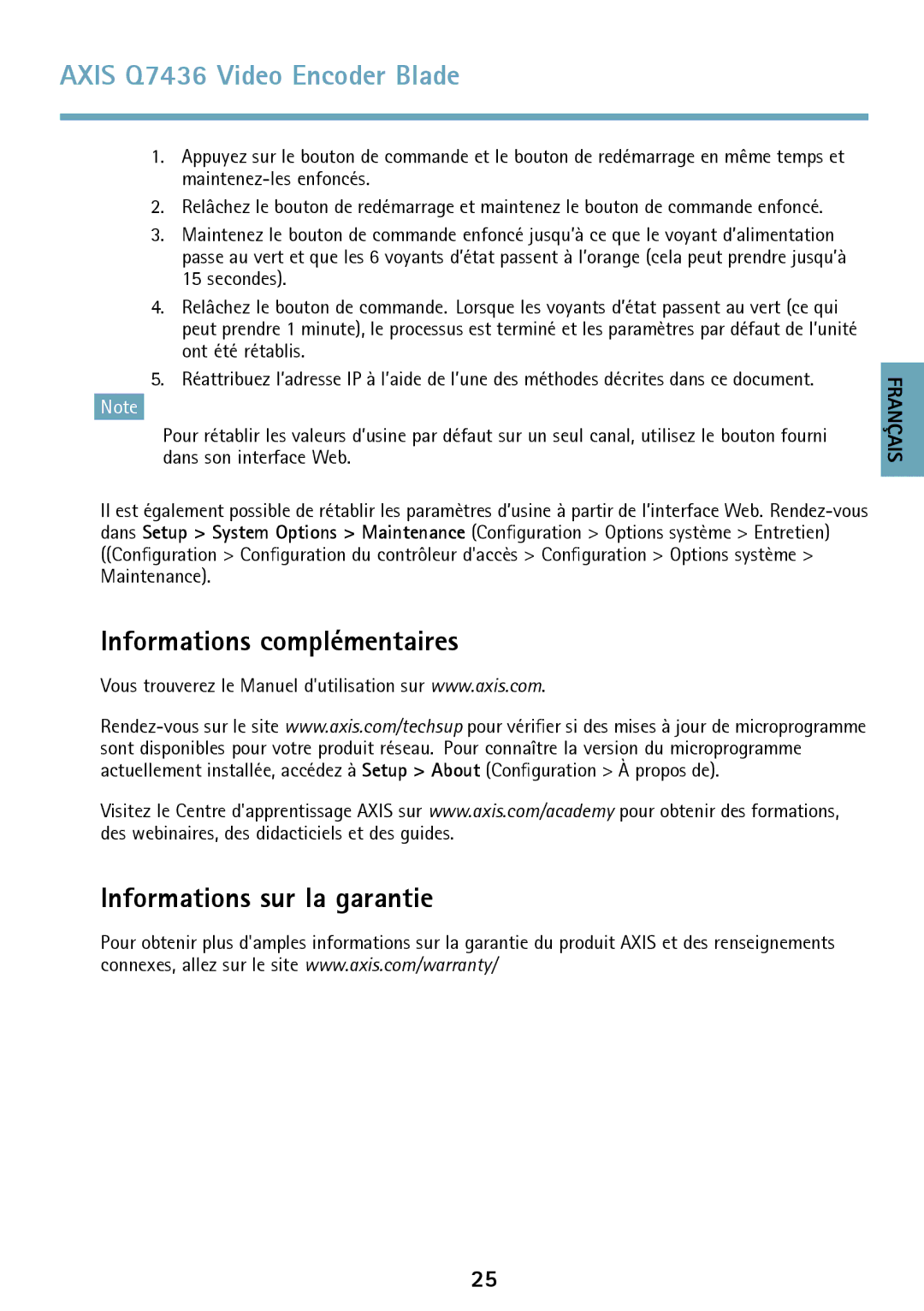 Axis Communications AXIS Q7436 manual Informations complémentaires Informations sur la garantie 