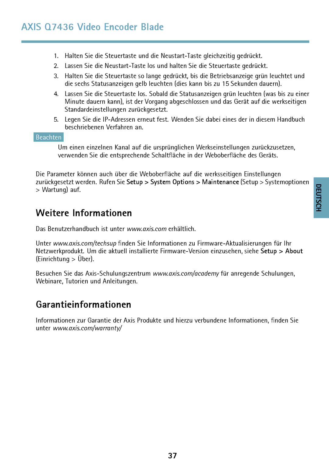 Axis Communications AXIS Q7436 manual Weitere Informationen Garantieinformationen 