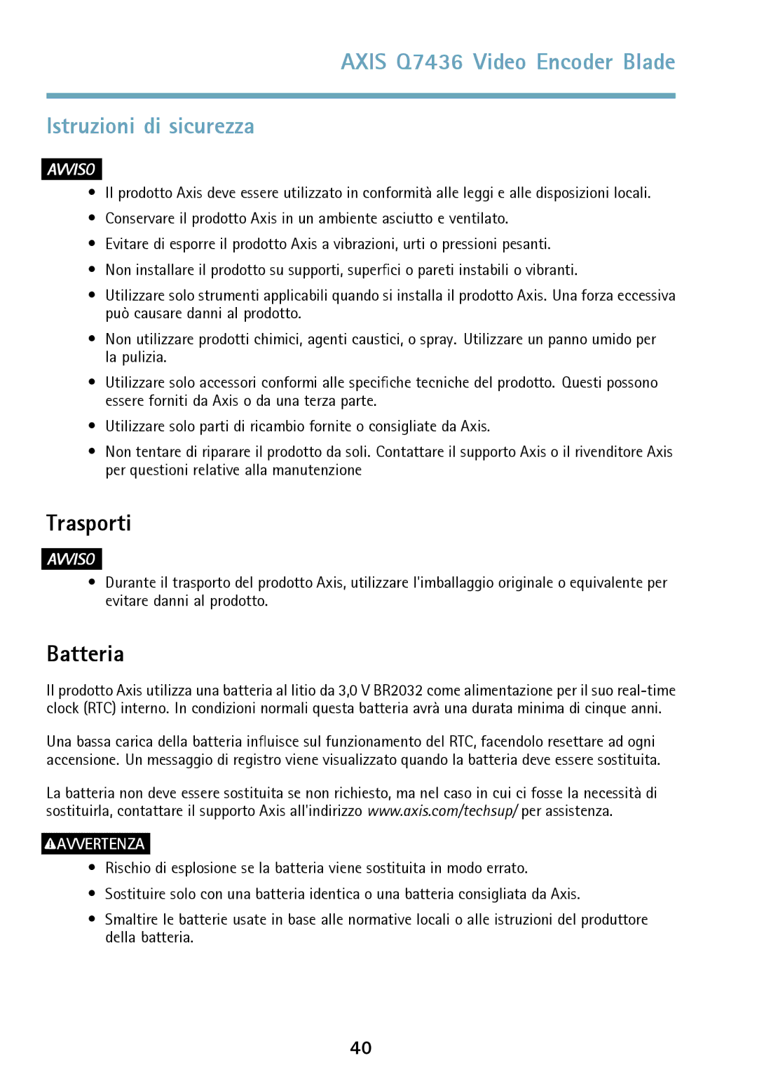 Axis Communications AXIS Q7436 manual Axis Q7436 Video Encoder Blade Istruzioni di sicurezza, Trasporti, Batteria 