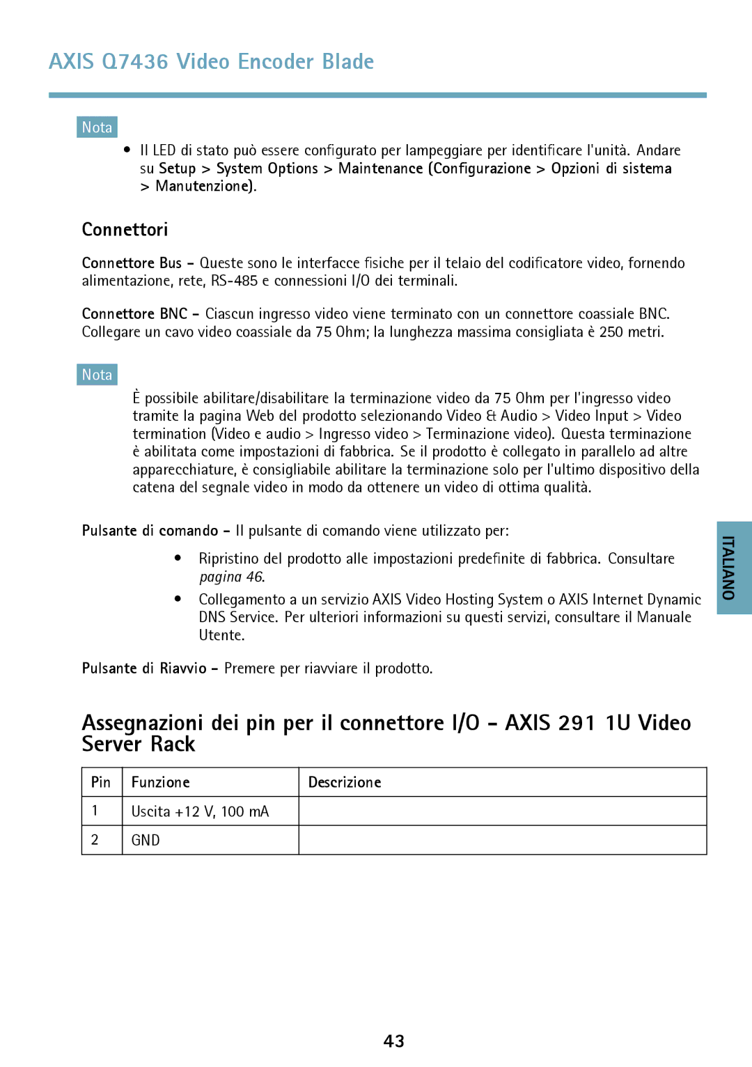 Axis Communications AXIS Q7436 manual Connettori, Pin Funzione 