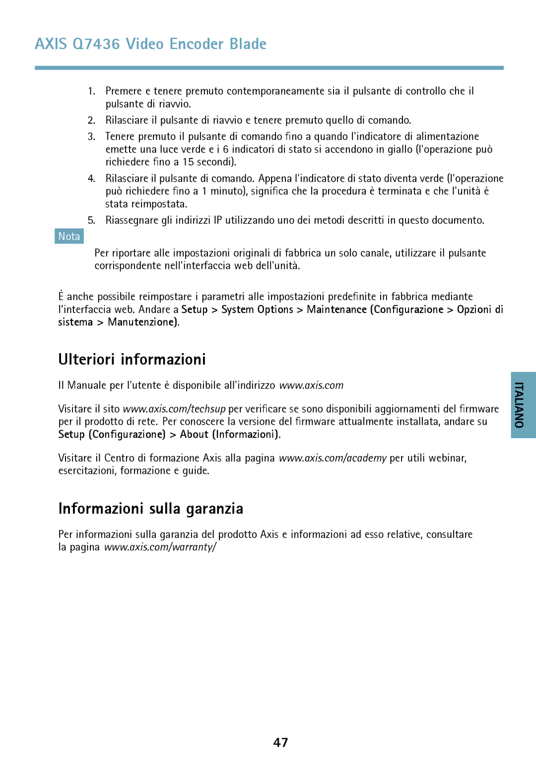 Axis Communications AXIS Q7436 manual Ulteriori informazioni Informazioni sulla garanzia 