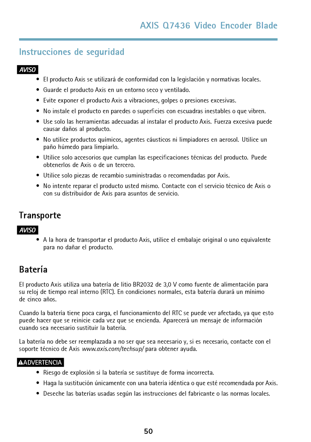 Axis Communications AXIS Q7436 manual Axis Q7436 Video Encoder Blade Instrucciones de seguridad, Transporte, Batería 