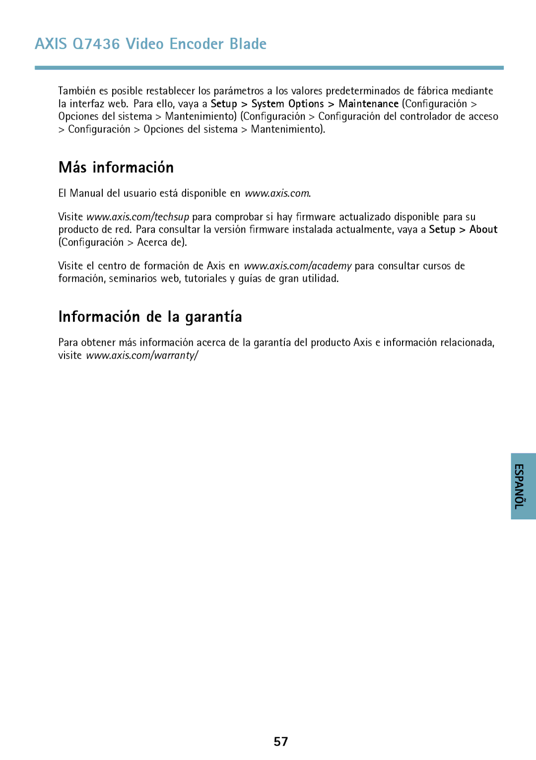 Axis Communications AXIS Q7436 manual Más información Información de la garantía 