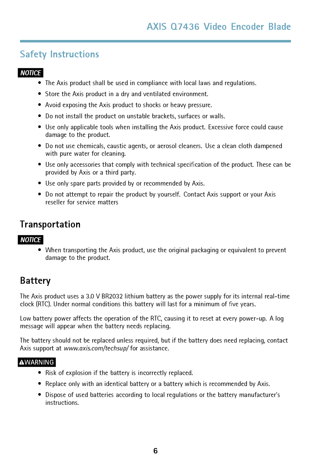 Axis Communications AXIS Q7436 manual Axis Q7436 Video Encoder Blade Safety Instructions, Transportation, Battery 