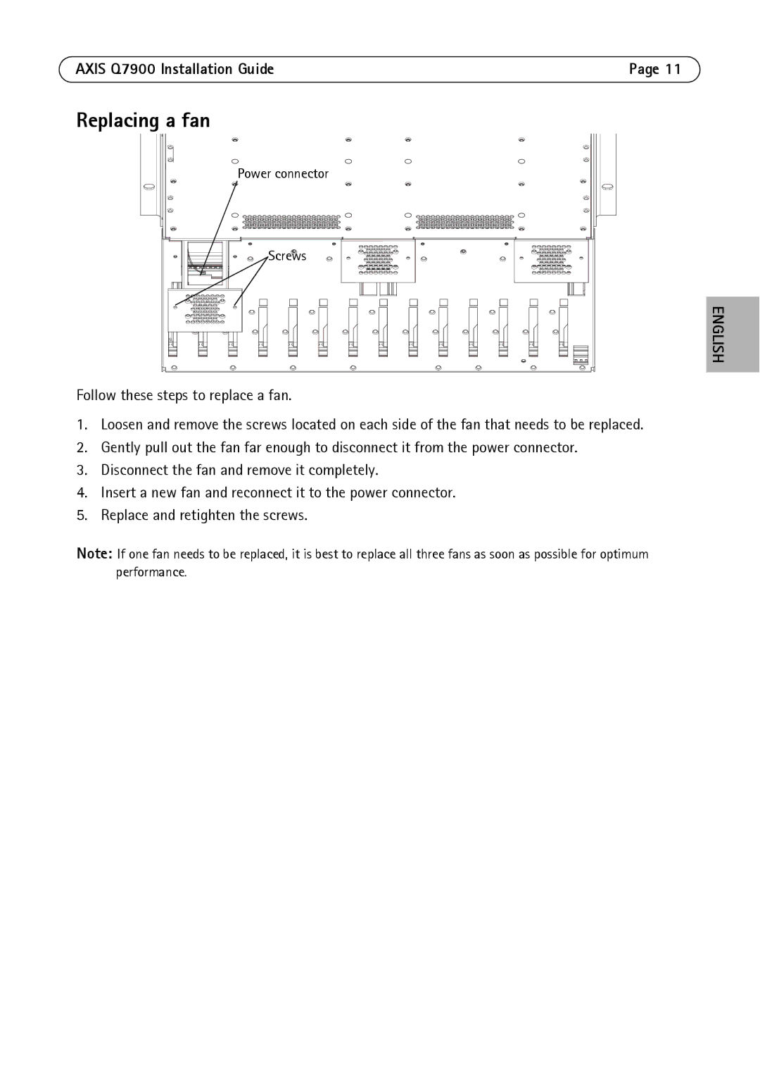 Axis Communications AXIS Q7900 Rack manual Replacing a fan 