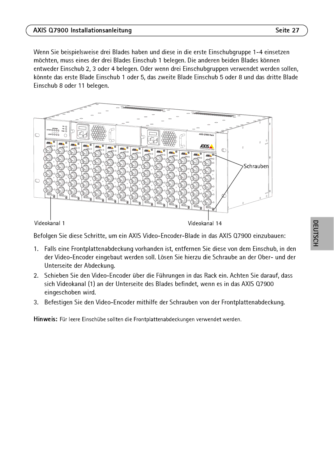 Axis Communications AXIS Q7900 Rack manual Videokanal 