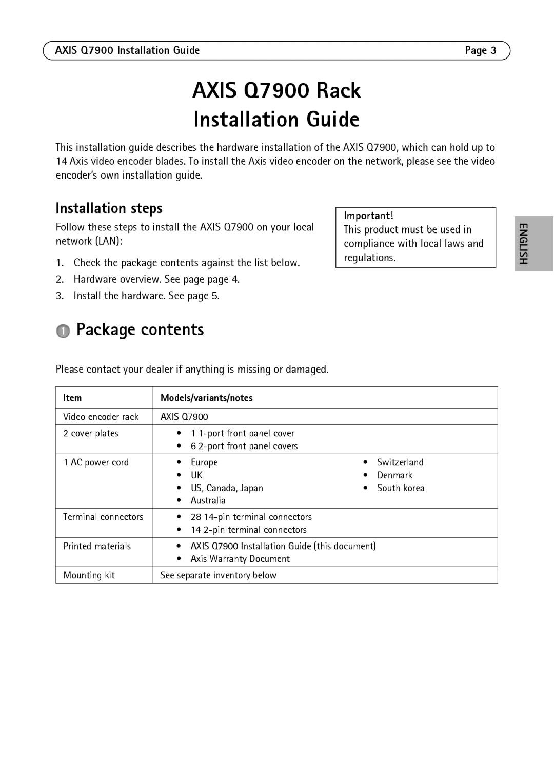 Axis Communications AXIS Q7900 Rack manual Axis Q7900 Rack Installation Guide, Package contents 