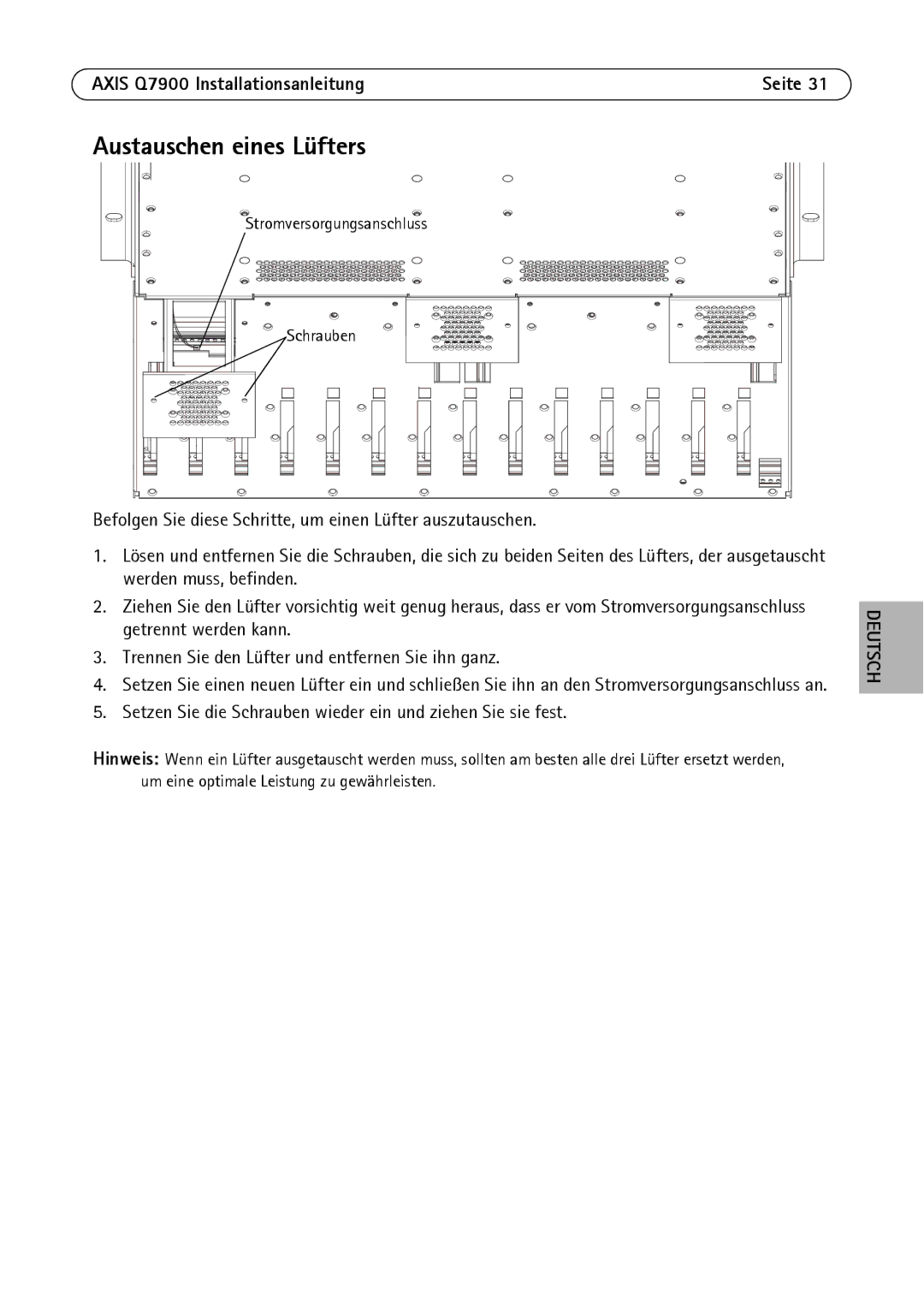 Axis Communications AXIS Q7900 Rack Austauschen eines Lüfters, Setzen Sie die Schrauben wieder ein und ziehen Sie sie fest 