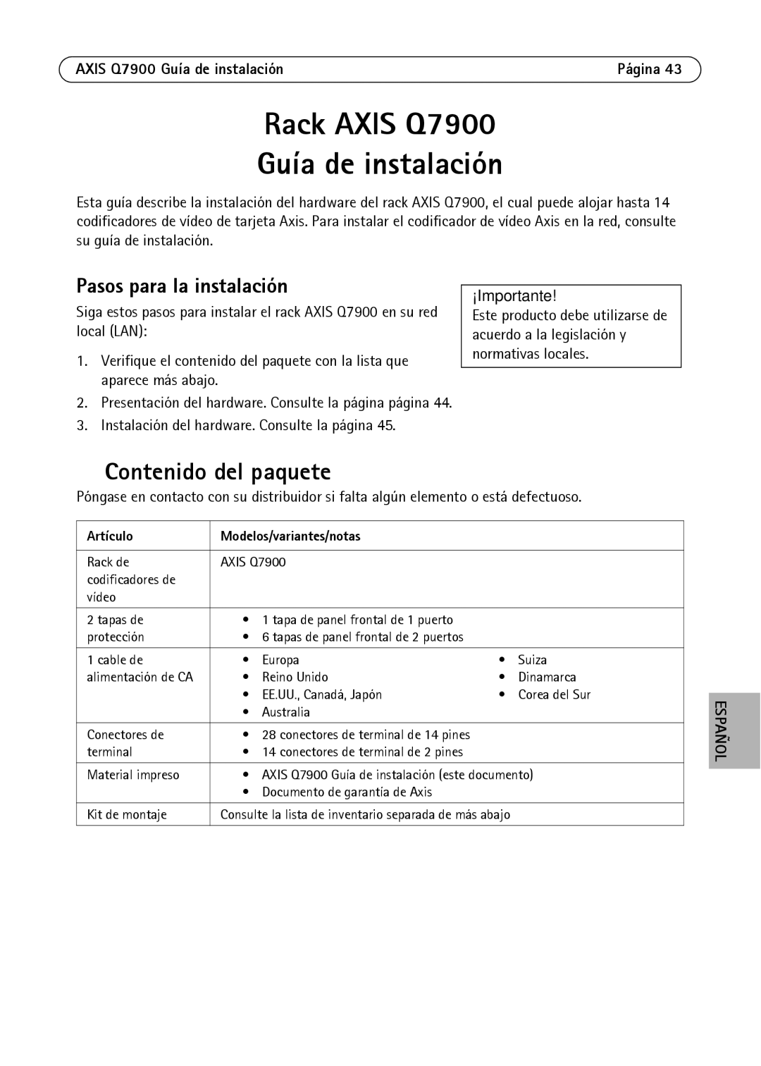 Axis Communications AXIS Q7900 Rack Contenido del paquete, Pasos para la instalación, Artículo Modelos/variantes/notas 