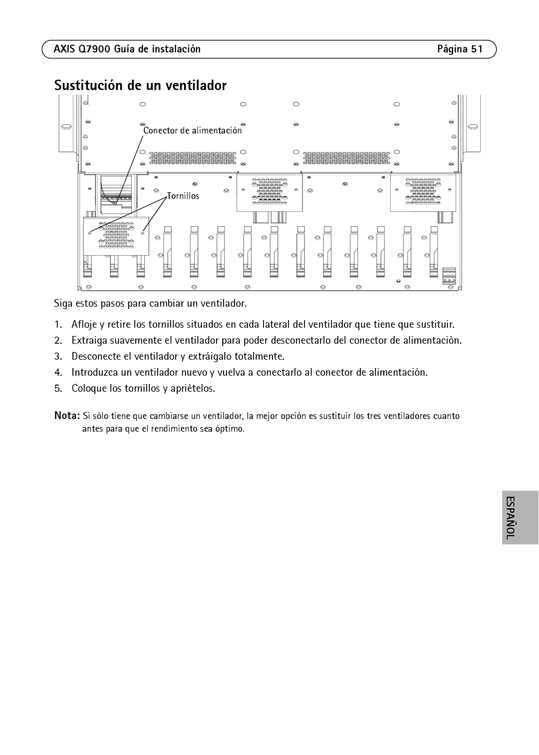 Axis Communications AXIS Q7900 Rack manual Sustitución de un ventilador 