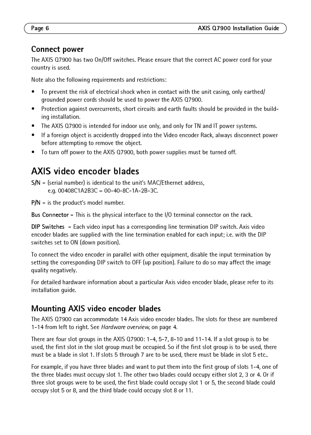 Axis Communications AXIS Q7900 Rack manual Connect power, Mounting Axis video encoder blades 