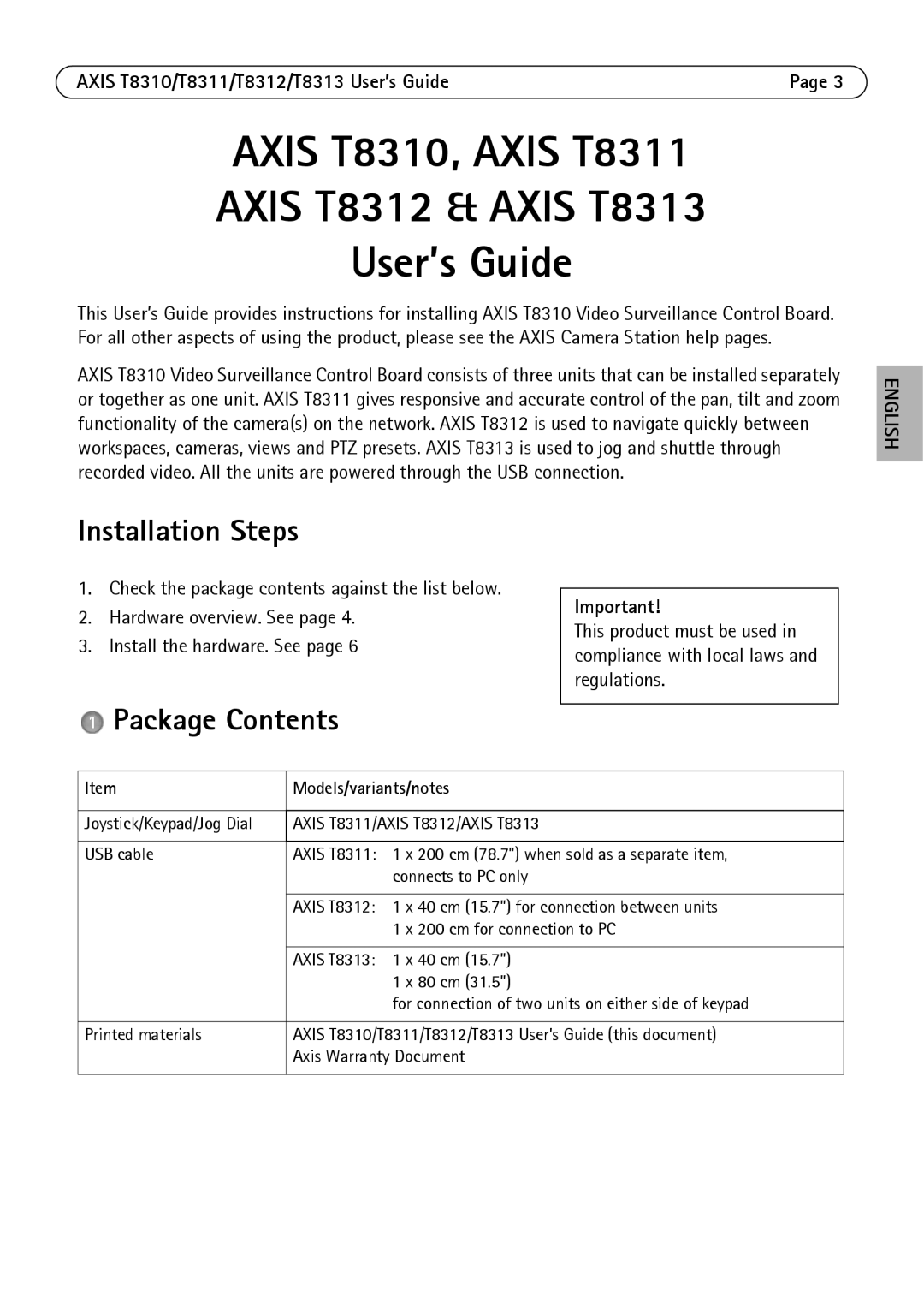 Axis Communications AXIS T8313, AXIS T8310, AXIS T8311, AXIS T8312 manual Installation Steps, Package Contents 