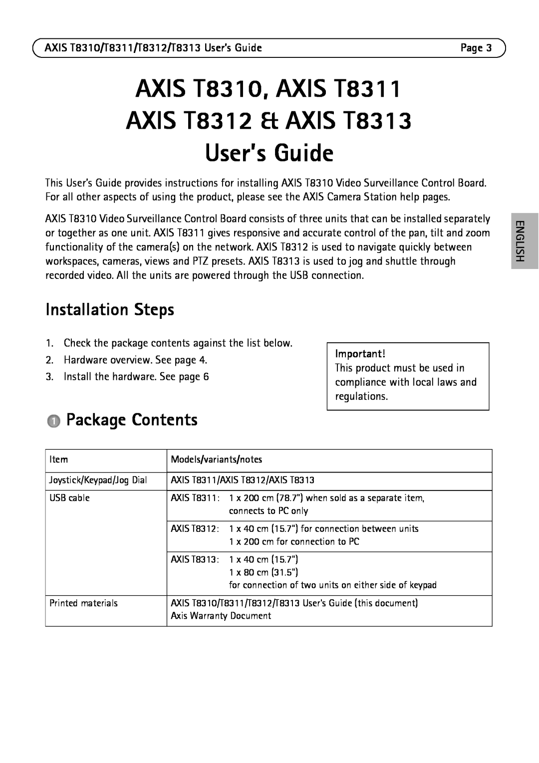 Axis Communications AXIS T8313 Installation Steps, Package Contents, AXIS T8310/T8311/T8312/T8313 User’s Guide, English 