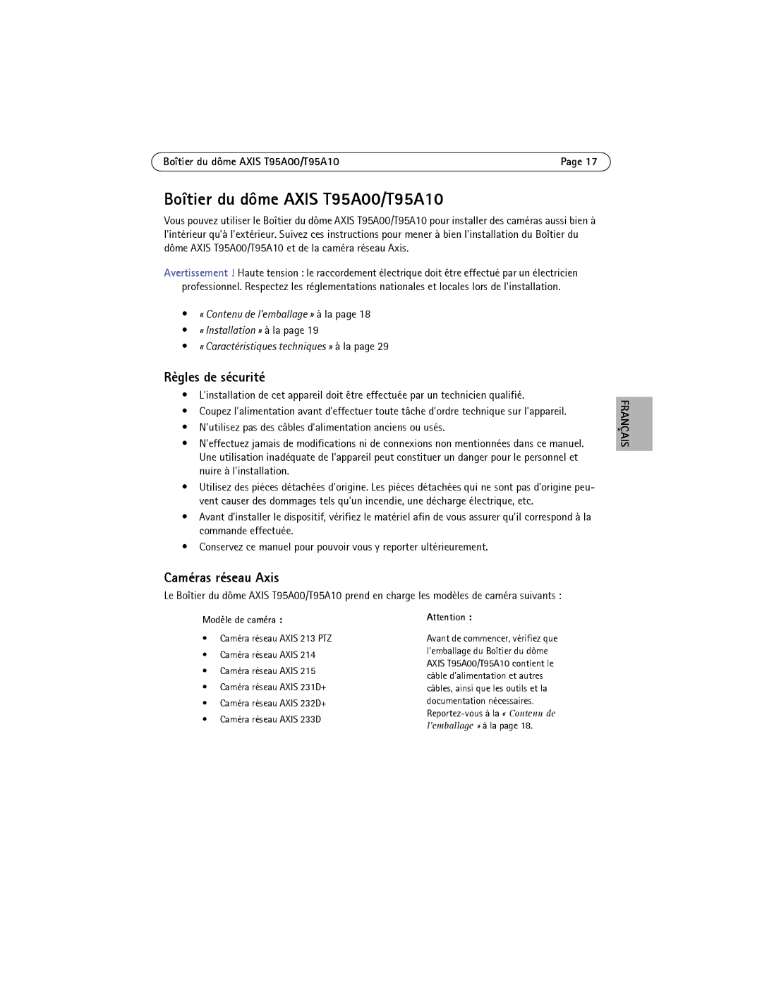 Axis Communications AXIS T95A10, AXIS T95A00 Boîtier du dôme Axis T95A00/T95A10, Règles de sécurité, Caméras réseau Axis 