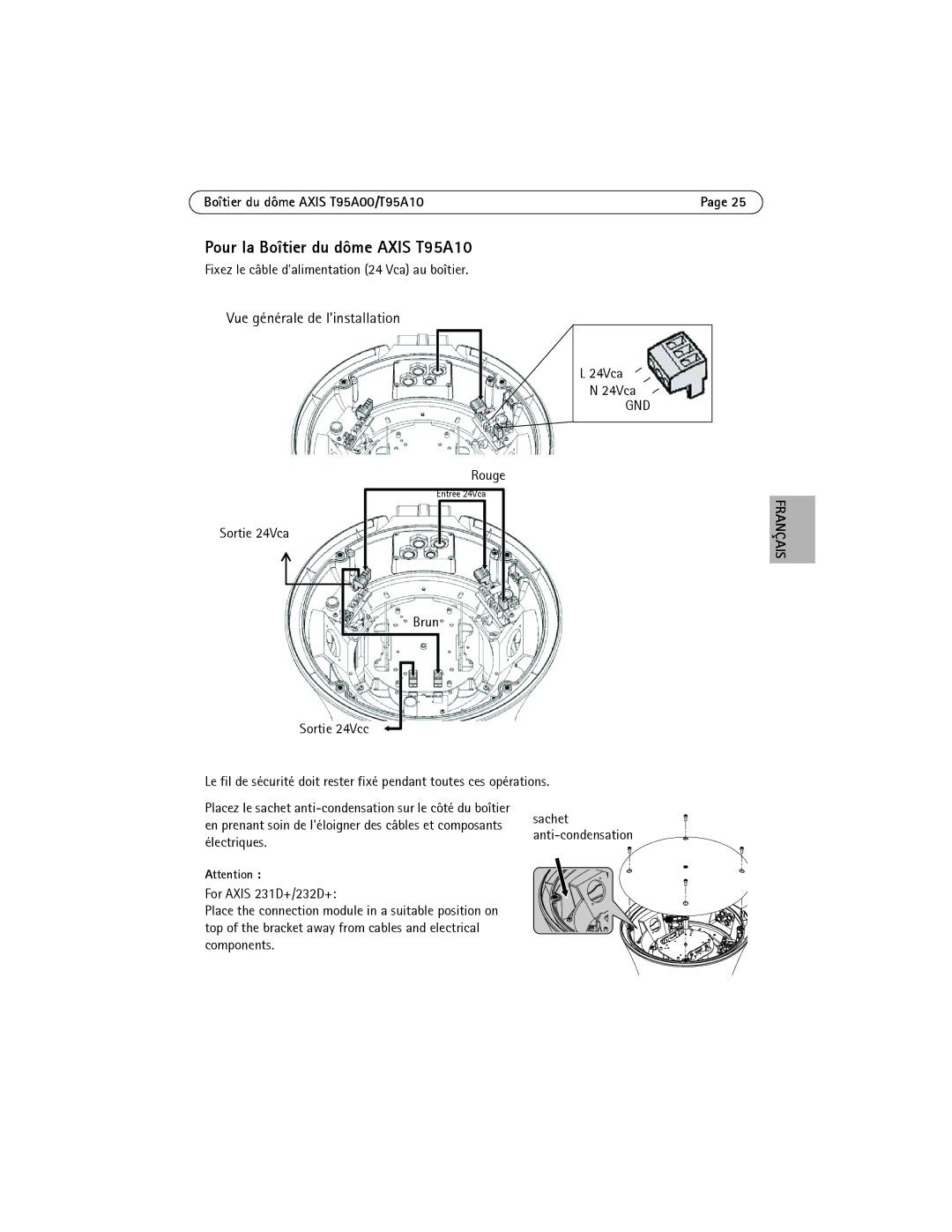 Axis Communications AXIS T95A10 Pour la Boîtier du dôme Axis T95A10, Fixez le câble dalimentation 24 Vca au boîtier, 24Vca 