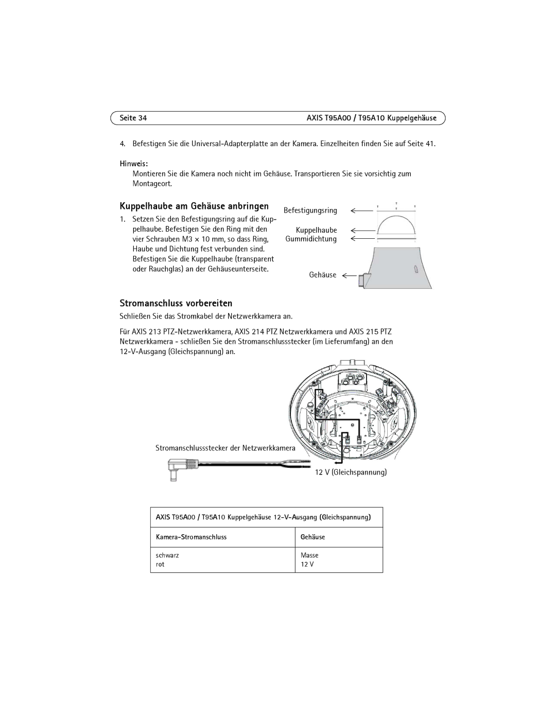 Axis Communications AXIS T95A00, AXIS T95A10 manual Stromanschluss vorbereiten, Befestigungsring, Gehäuse 