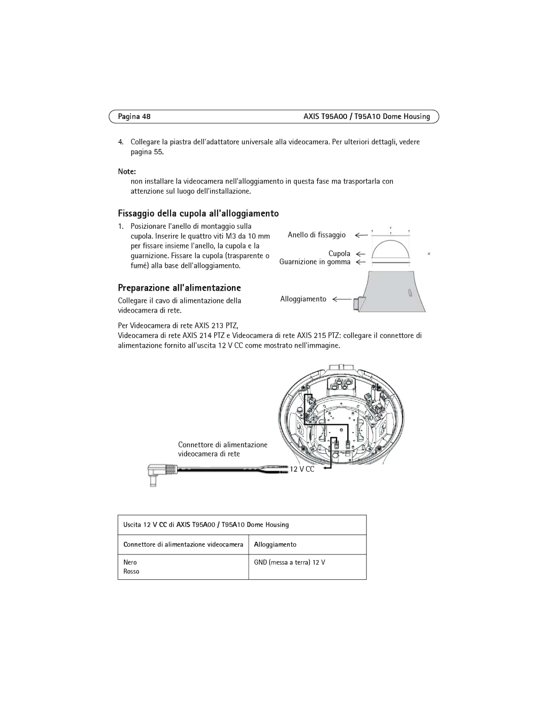 Axis Communications AXIS T95A00, AXIS T95A10 manual Fissaggio della cupola allalloggiamento, Preparazione allalimentazione 