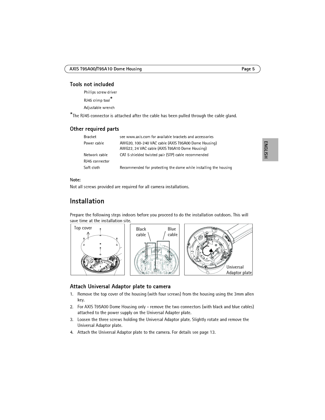 Axis Communications AXIS T95A10, AXIS T95A00 manual Installation, Tools not included, Other required parts 