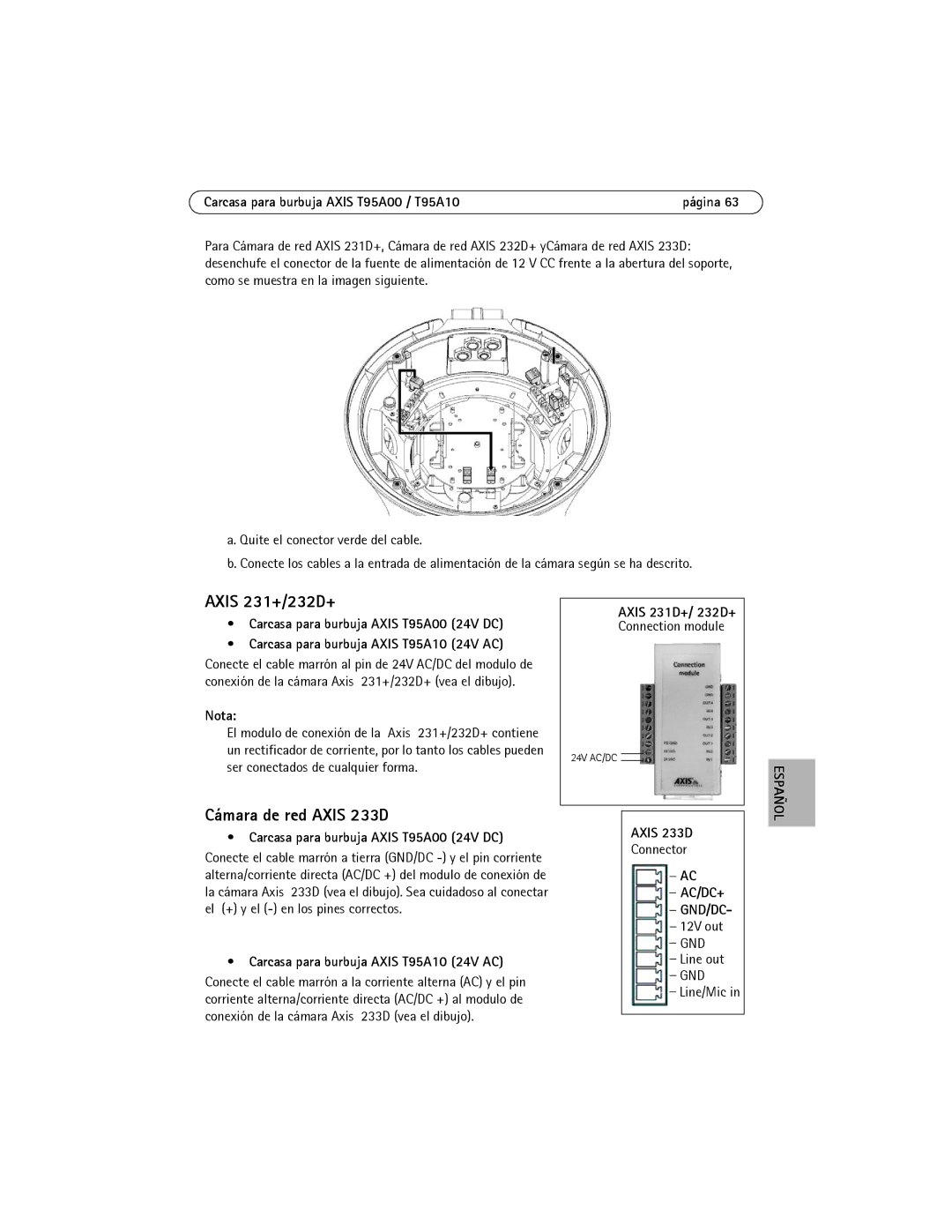 Axis Communications AXIS T95A10, AXIS T95A00 manual Cámara de red Axis 233D, 12V out 