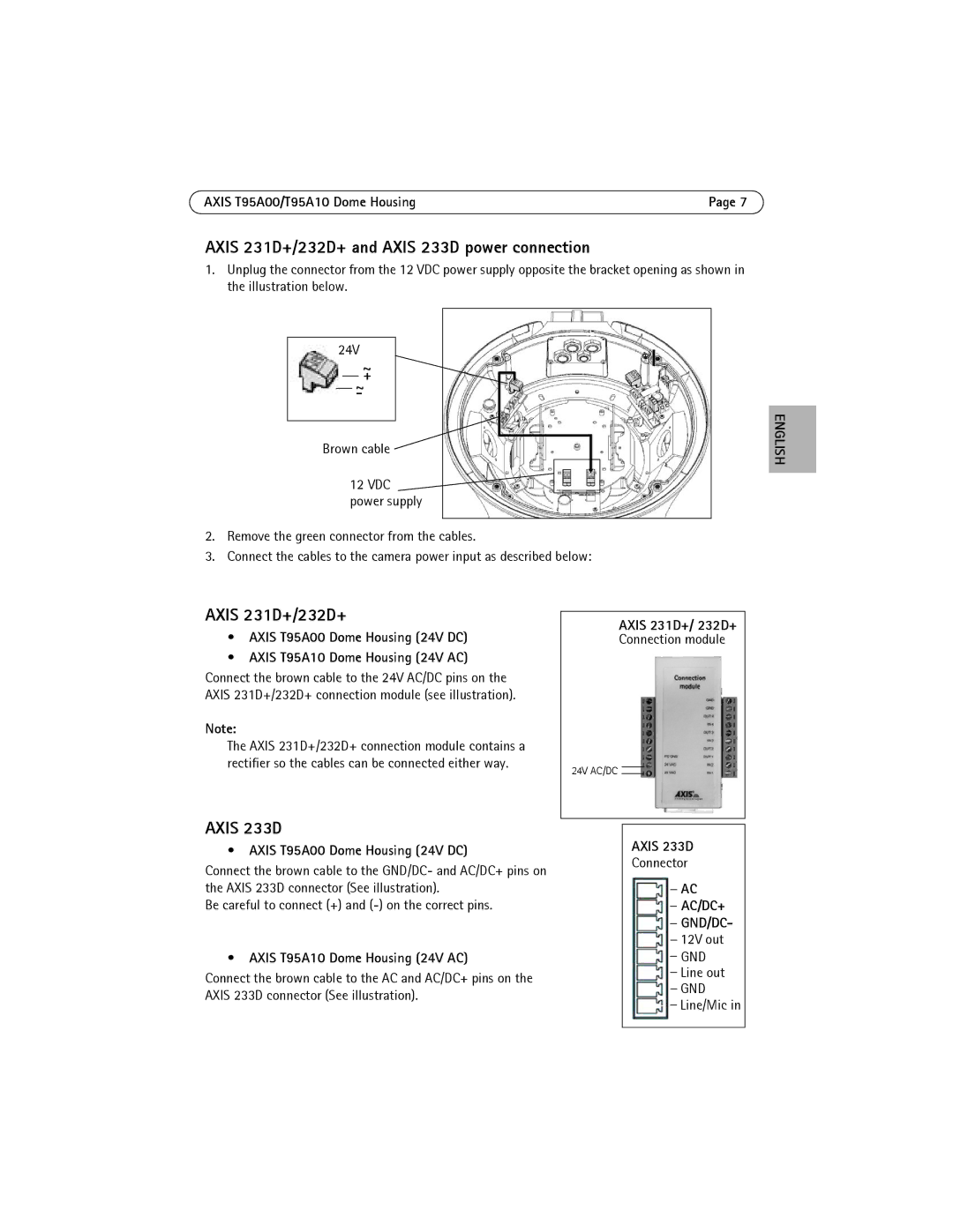 Axis Communications AXIS T95A10, AXIS T95A00 manual Axis 231D+/232D+ and Axis 233D power connection 