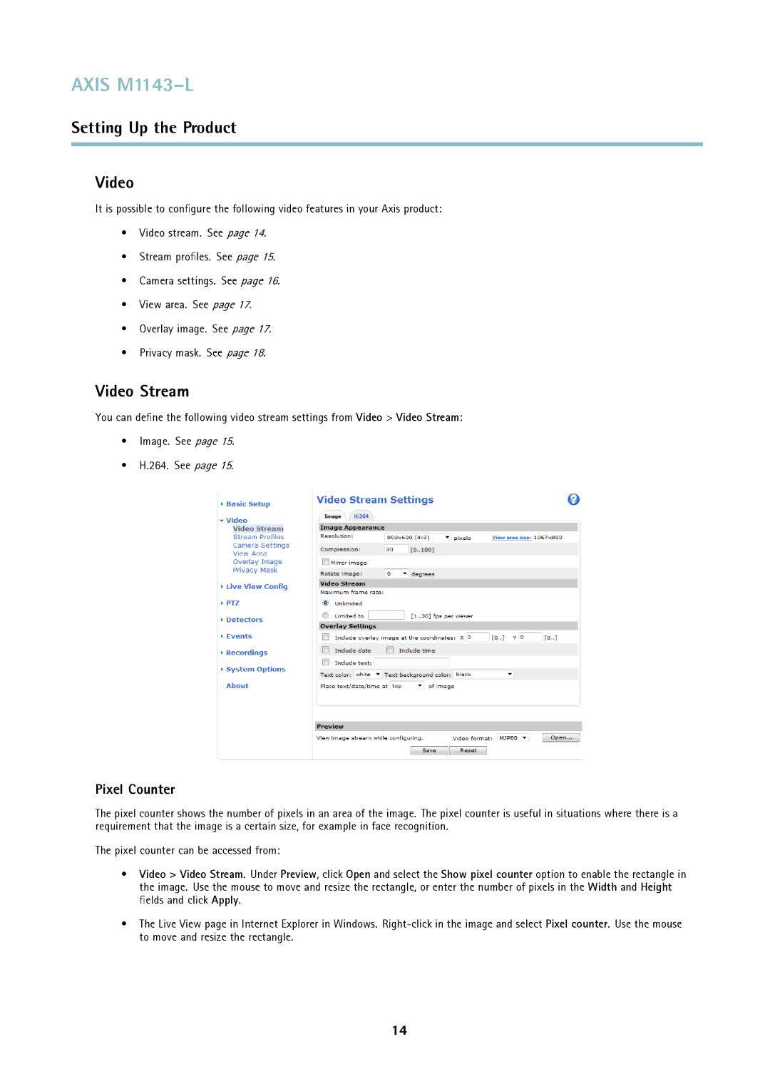 Axis Communications axis user manual Video Stream, Pixel Counter 