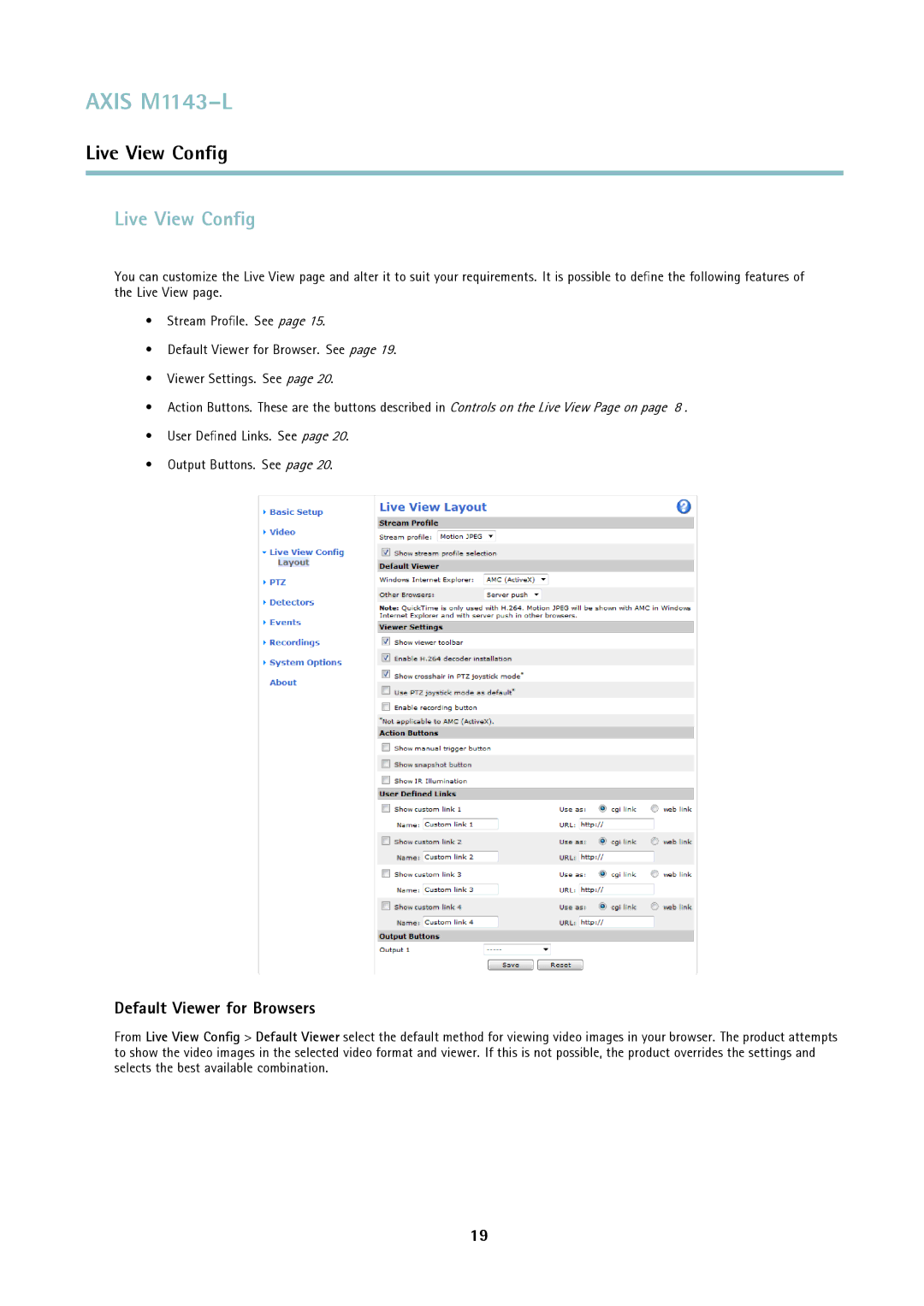 Axis Communications axis user manual Live View Conﬁg, Default Viewer for Browsers 