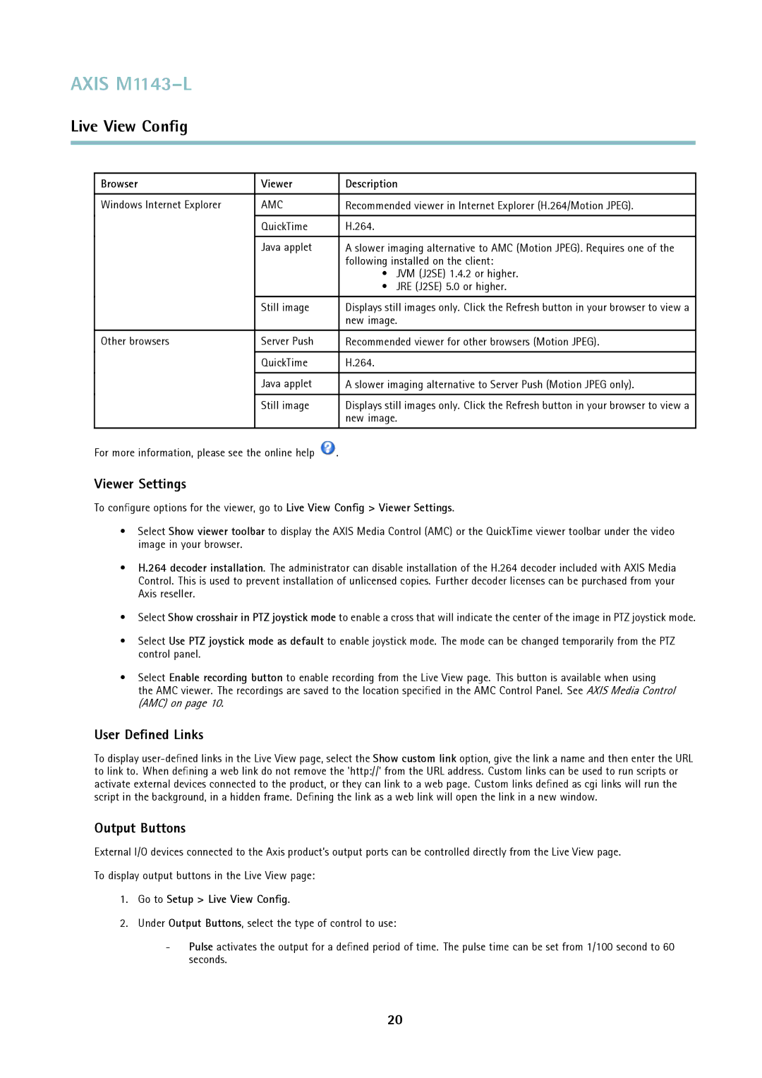 Axis Communications axis user manual Viewer Settings, User Deﬁned Links, Output Buttons, Browser Viewer Description 