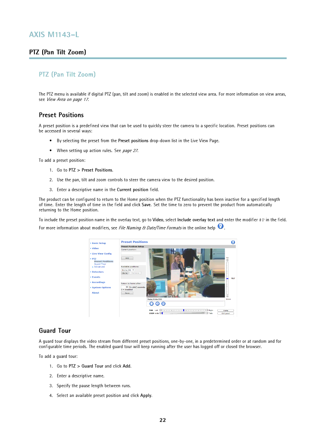Axis Communications axis user manual PTZ Pan Tilt Zoom, Preset Positions, Guard Tour 