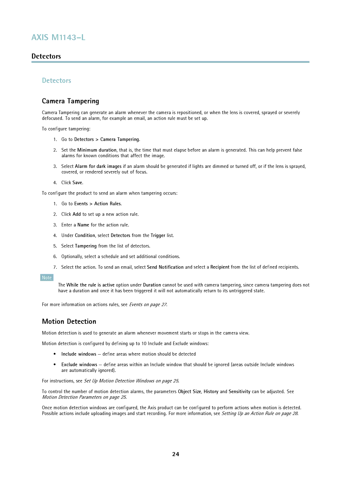 Axis Communications axis user manual Detectors, Camera Tampering, Motion Detection 