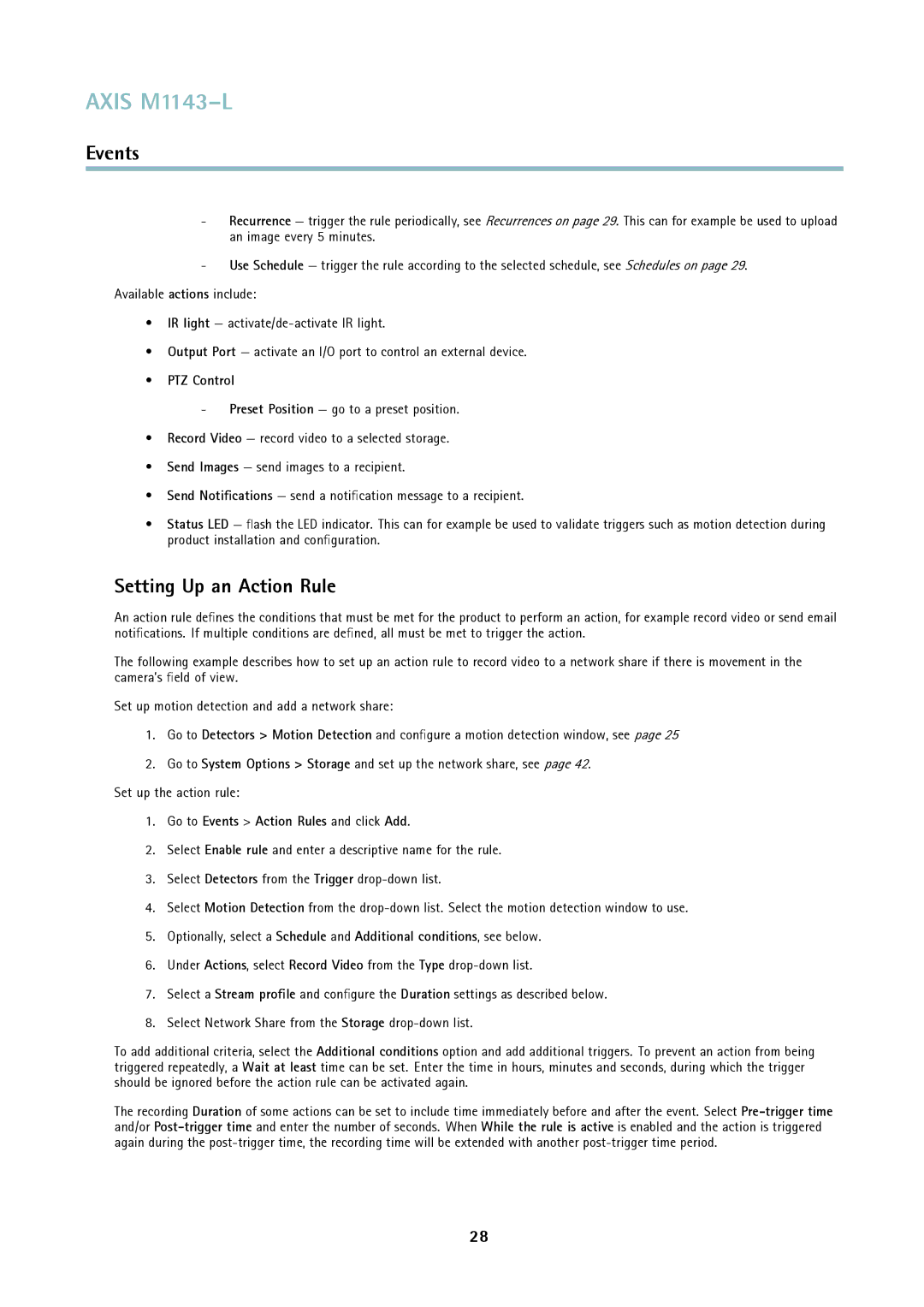 Axis Communications axis user manual Setting Up an Action Rule, PTZ Control, Go to Events Action Rules and click Add 