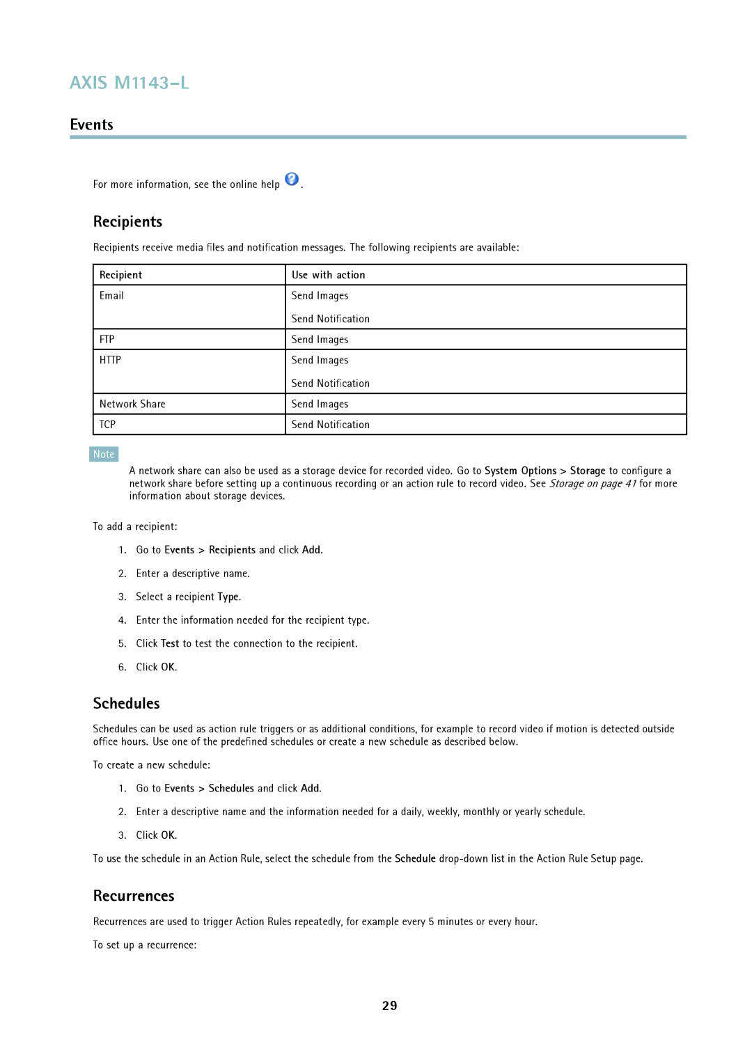 Axis Communications axis user manual Recipients, Schedules, Recurrences 