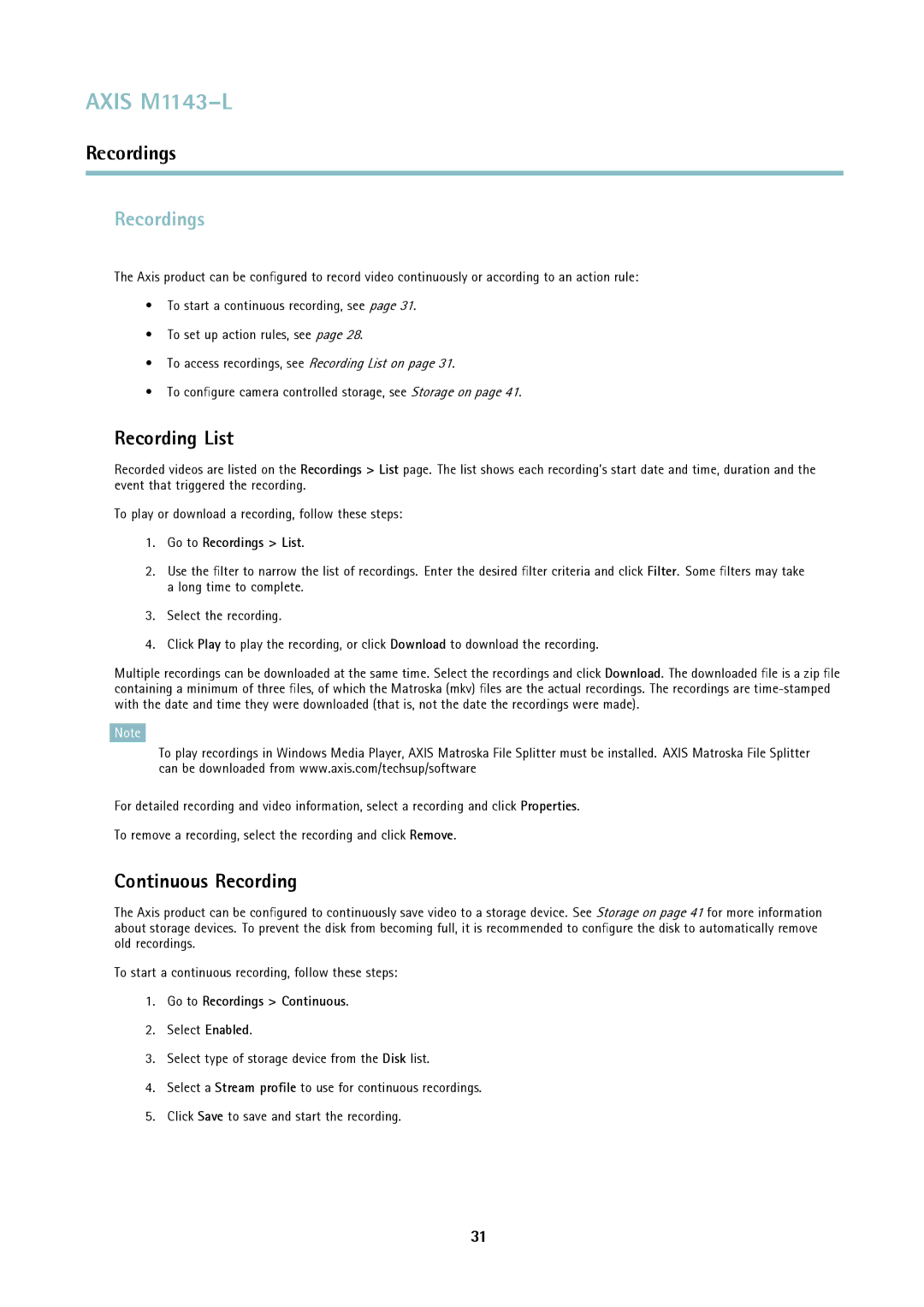 Axis Communications axis user manual Recordings, Recording List, Continuous Recording 