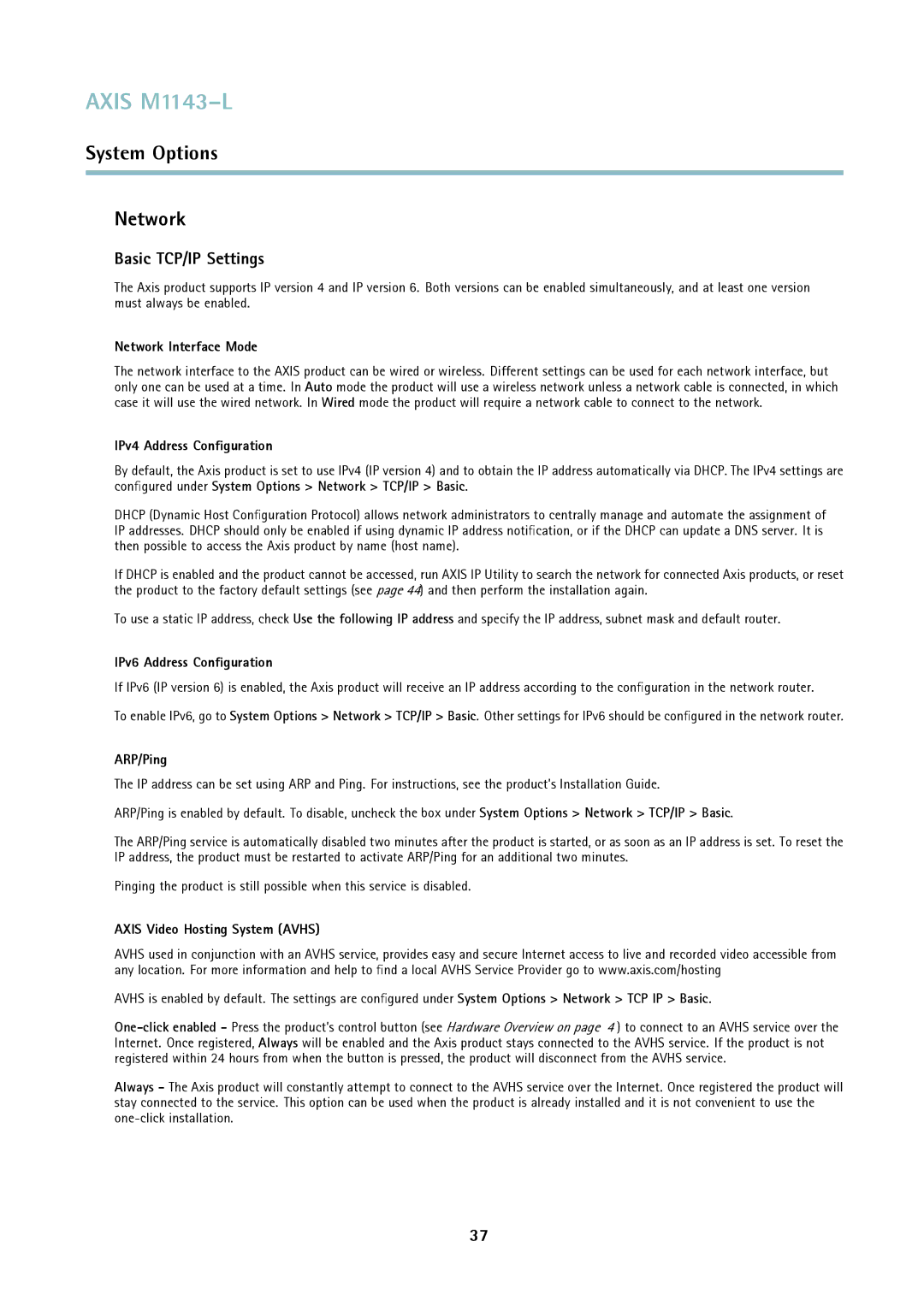 Axis Communications axis user manual Network, Basic TCP/IP Settings 