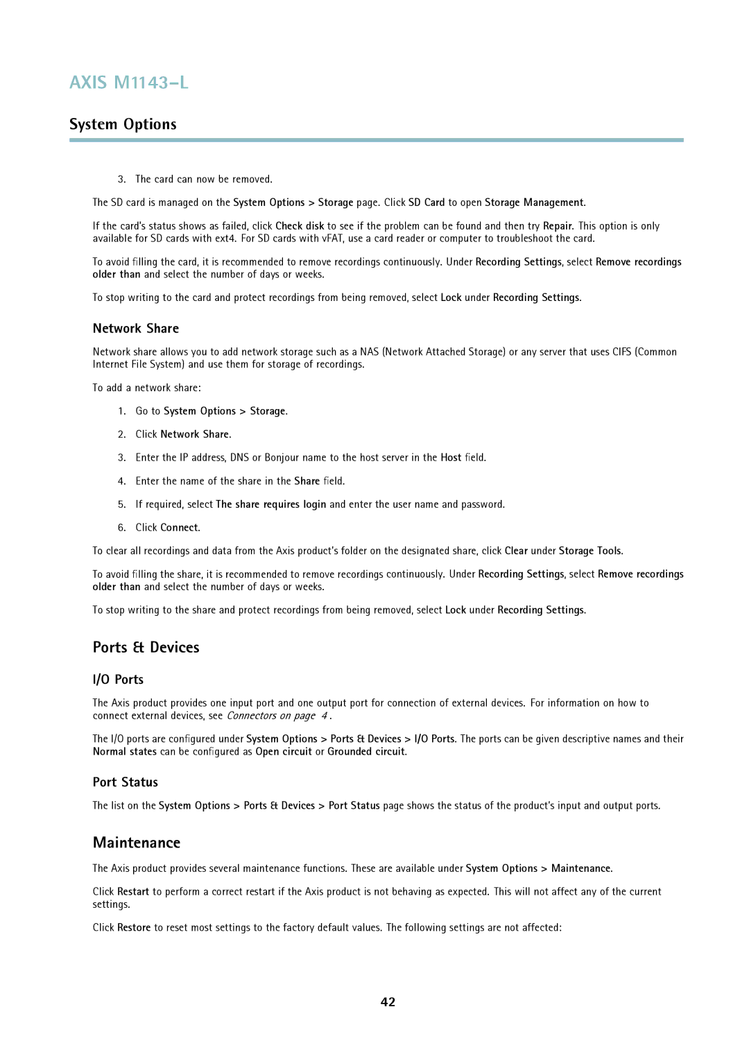 Axis Communications axis user manual Ports & Devices, Maintenance, Network Share, Port Status 