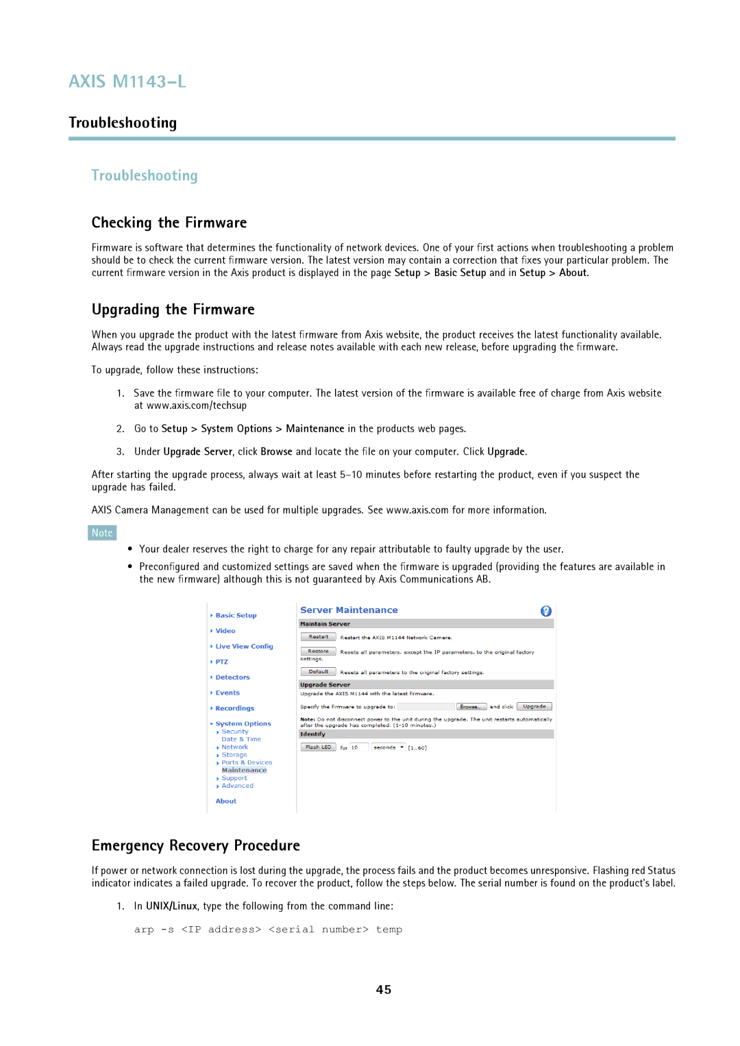 Axis Communications axis Troubleshooting, Checking the Firmware, Upgrading the Firmware, Emergency Recovery Procedure 