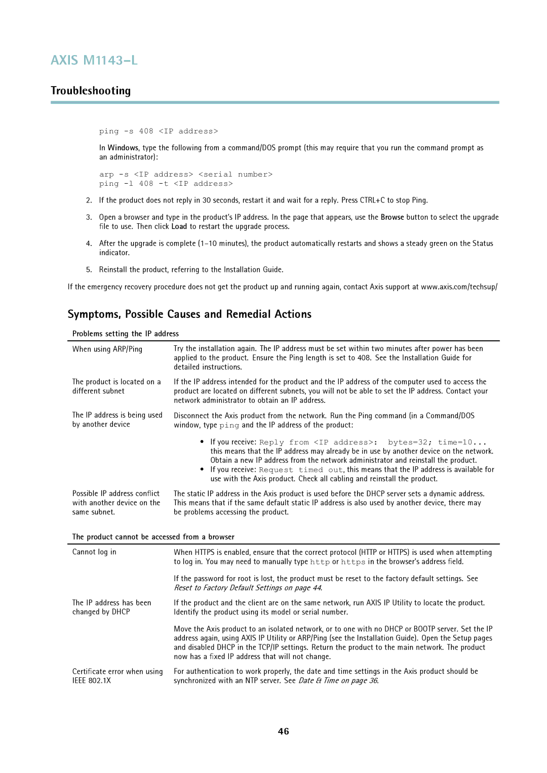 Axis Communications axis user manual Symptoms, Possible Causes and Remedial Actions, Problems setting the IP address 