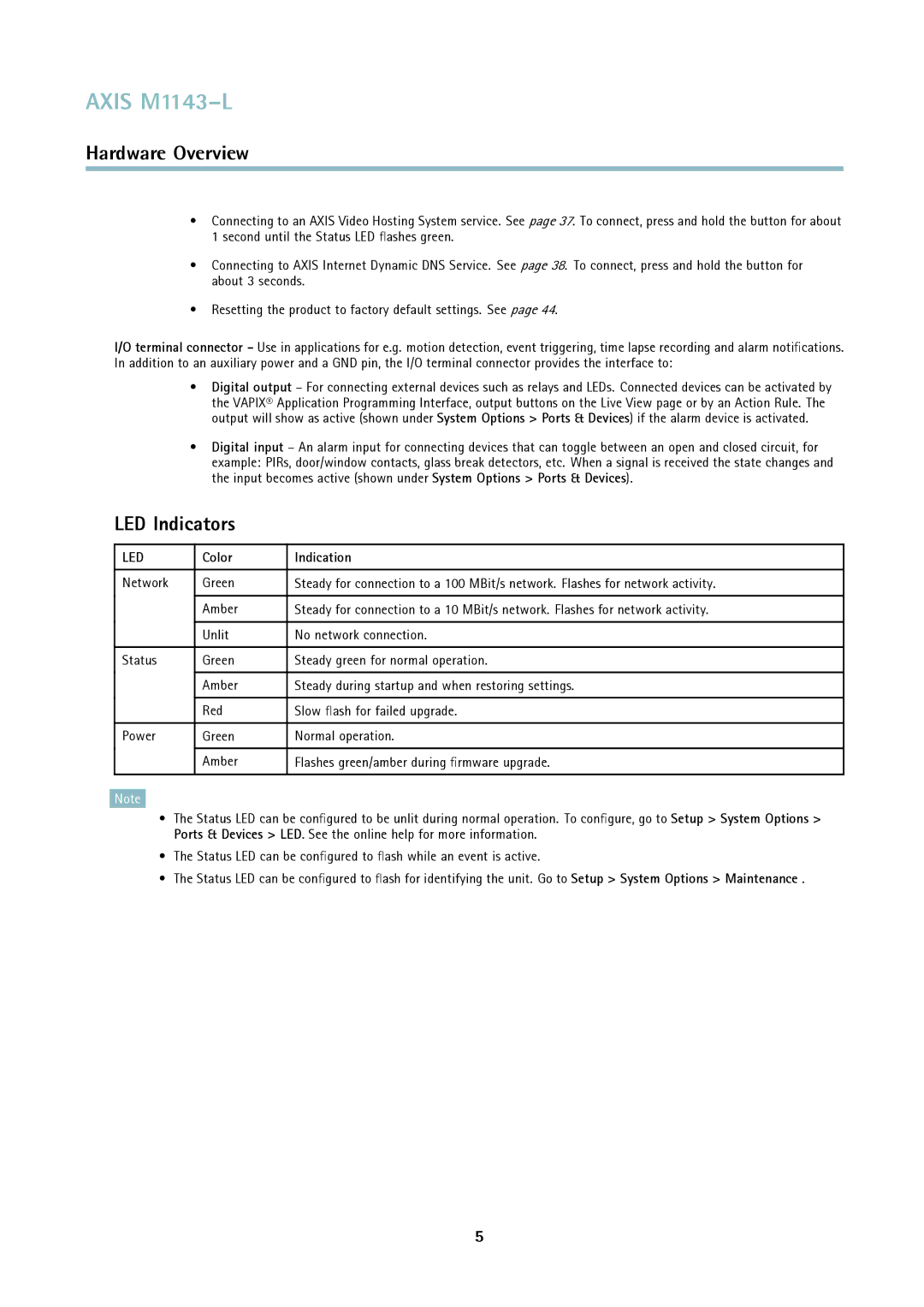 Axis Communications axis user manual LED Indicators, Color Indication 