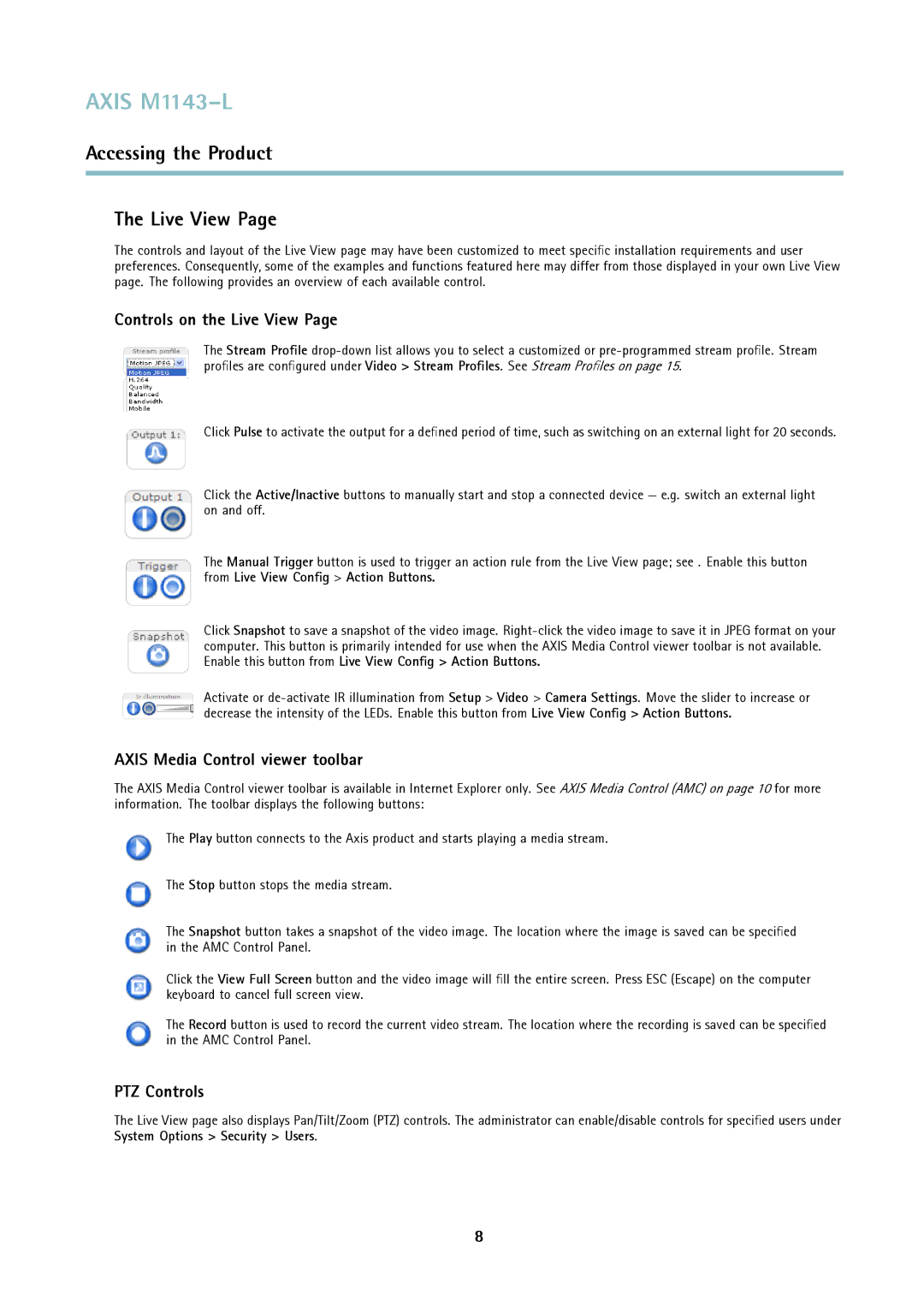 Axis Communications axis user manual Controls on the Live View, Axis Media Control viewer toolbar, PTZ Controls 