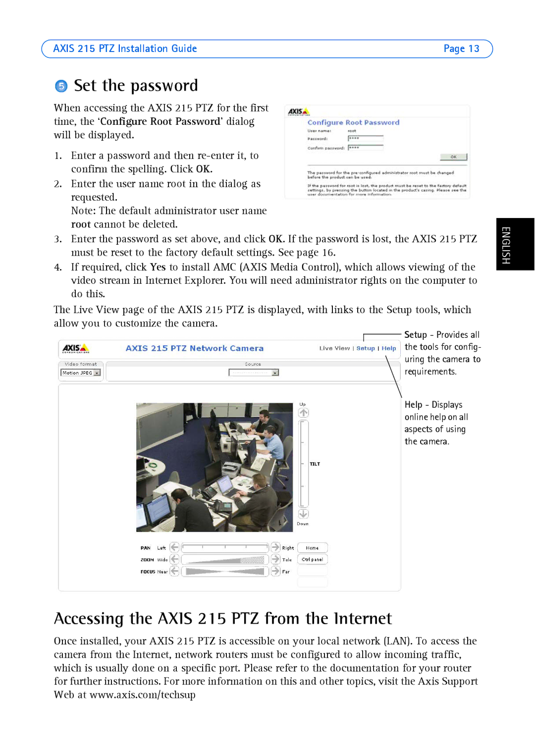 Axis Communications axis manual Set the password, Accessing the Axis 215 PTZ from the Internet 