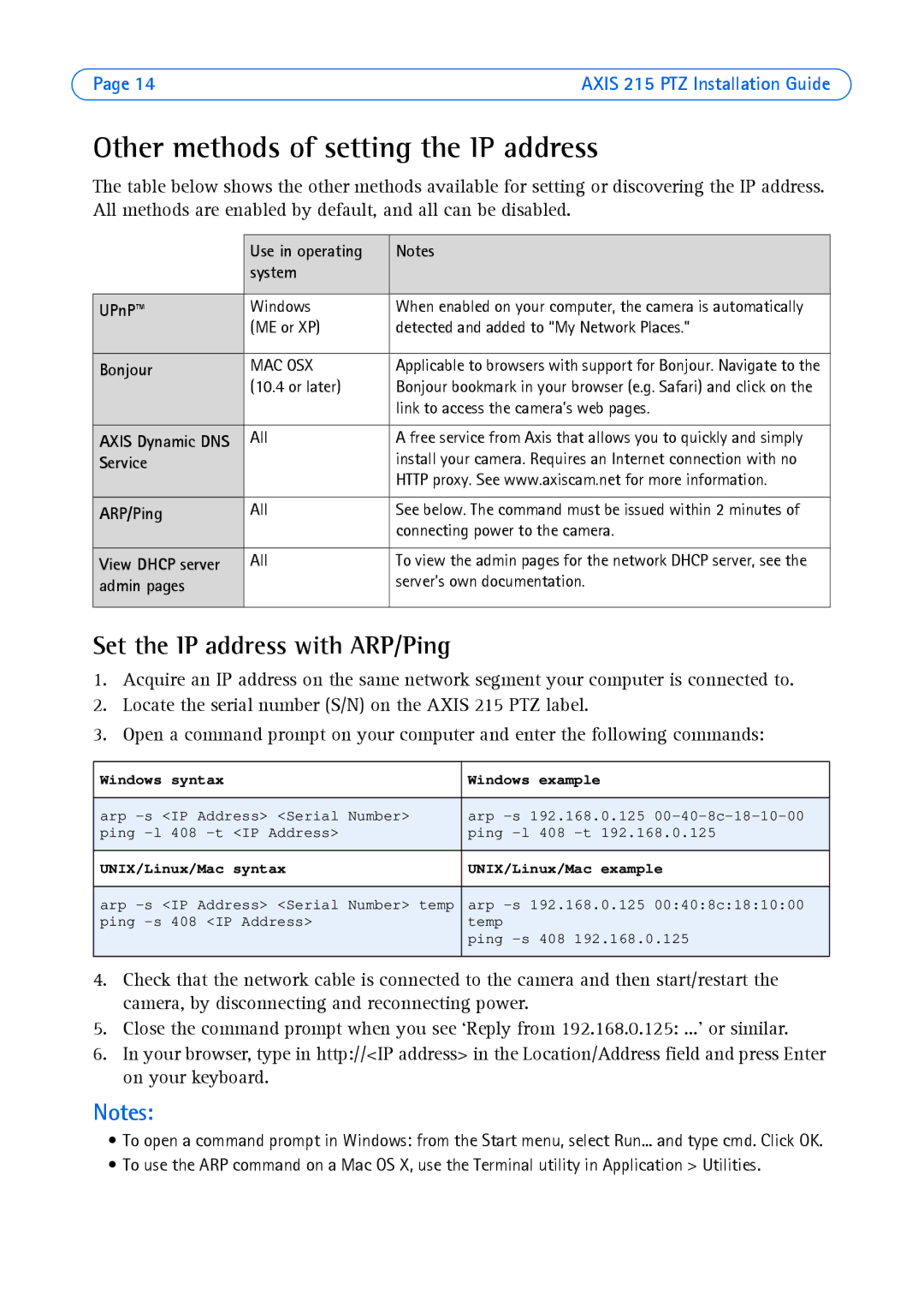 Axis Communications axis manual Other methods of setting the IP address, Set the IP address with ARP/Ping 