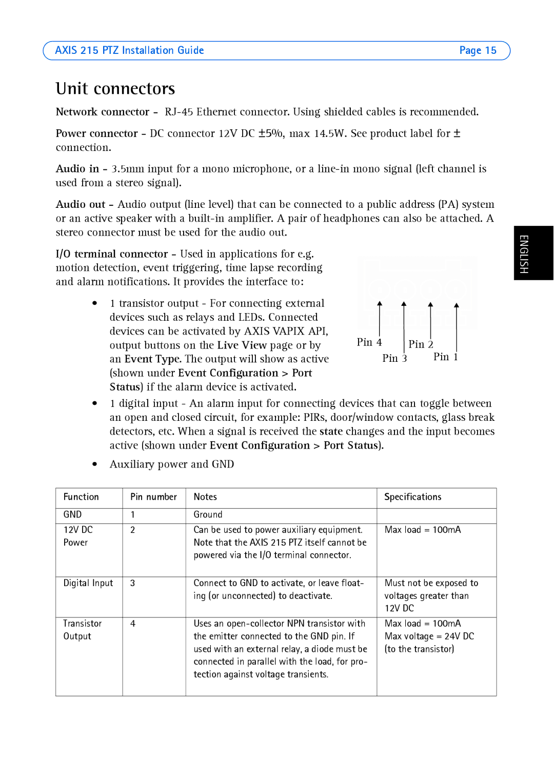 Axis Communications axis manual Unit connectors, Pin, Auxiliary power and GND, Function, Specifications 