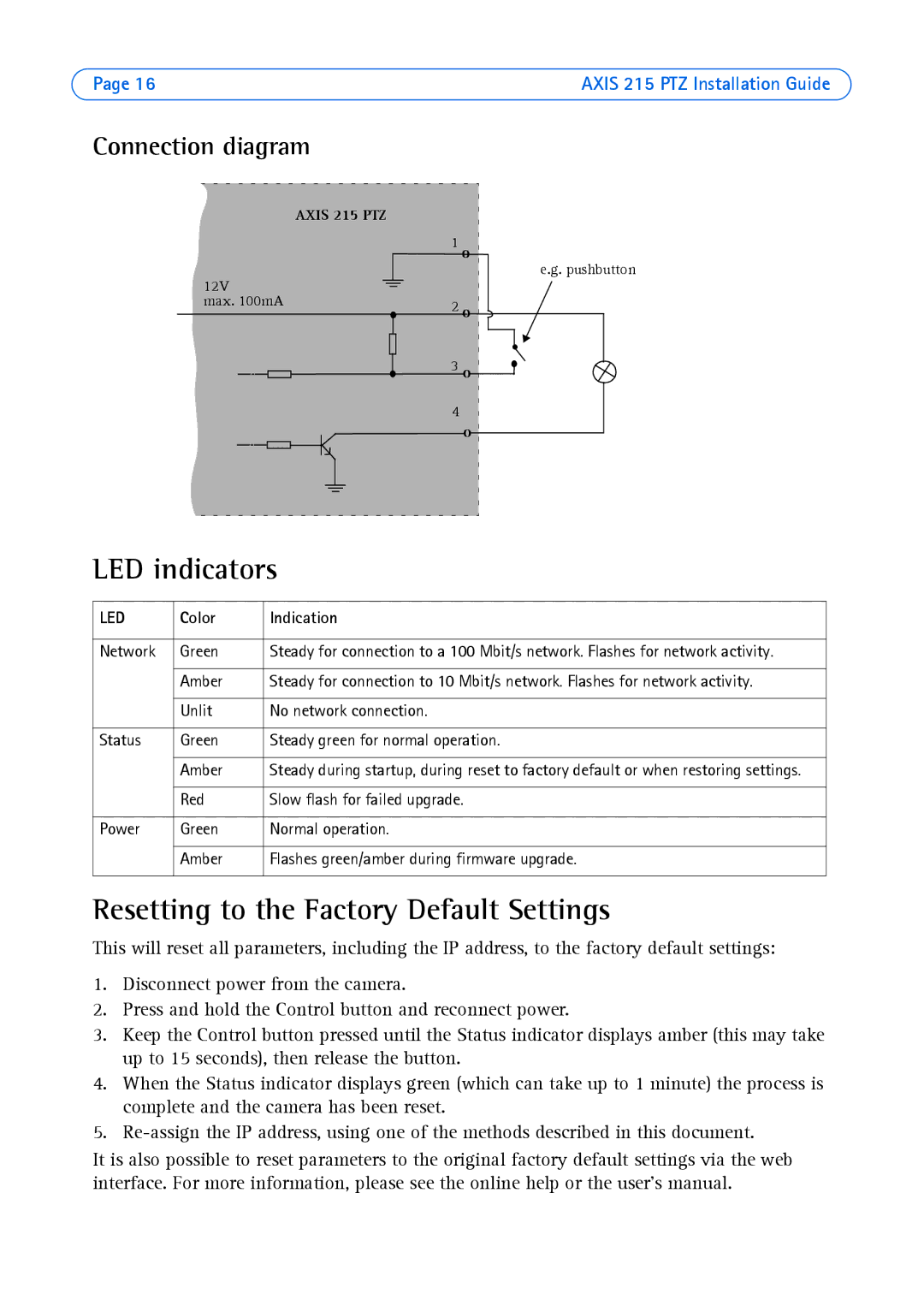 Axis Communications axis LED indicators, Resetting to the Factory Default Settings, Connection diagram, Color Indication 