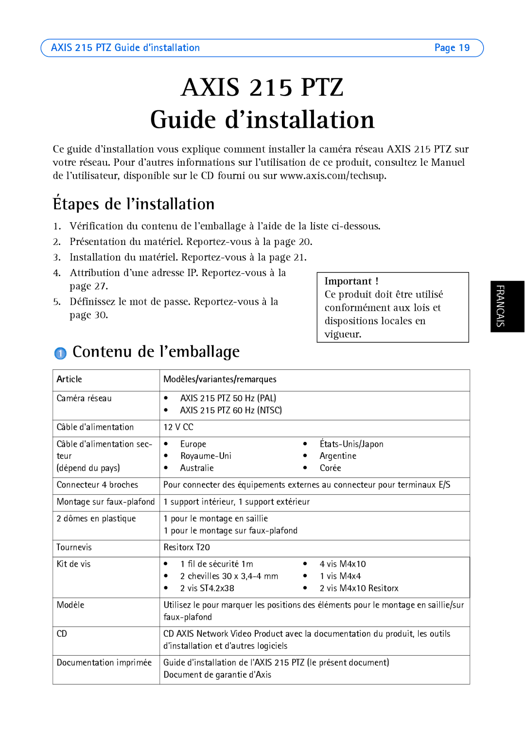 Axis Communications axis manual Étapes de linstallation, Contenu de lemballage, Article 